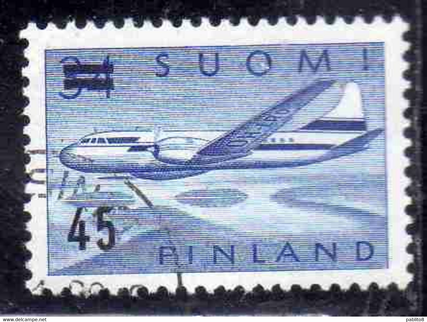 SUOMI FINLAND FINLANDIA FINLANDE 1959 SURCHARGED AIR POST MAIL AIRMAIL CONVAIR OVER LAKES 45 On 34m USED USATO OBLITERE' - Used Stamps