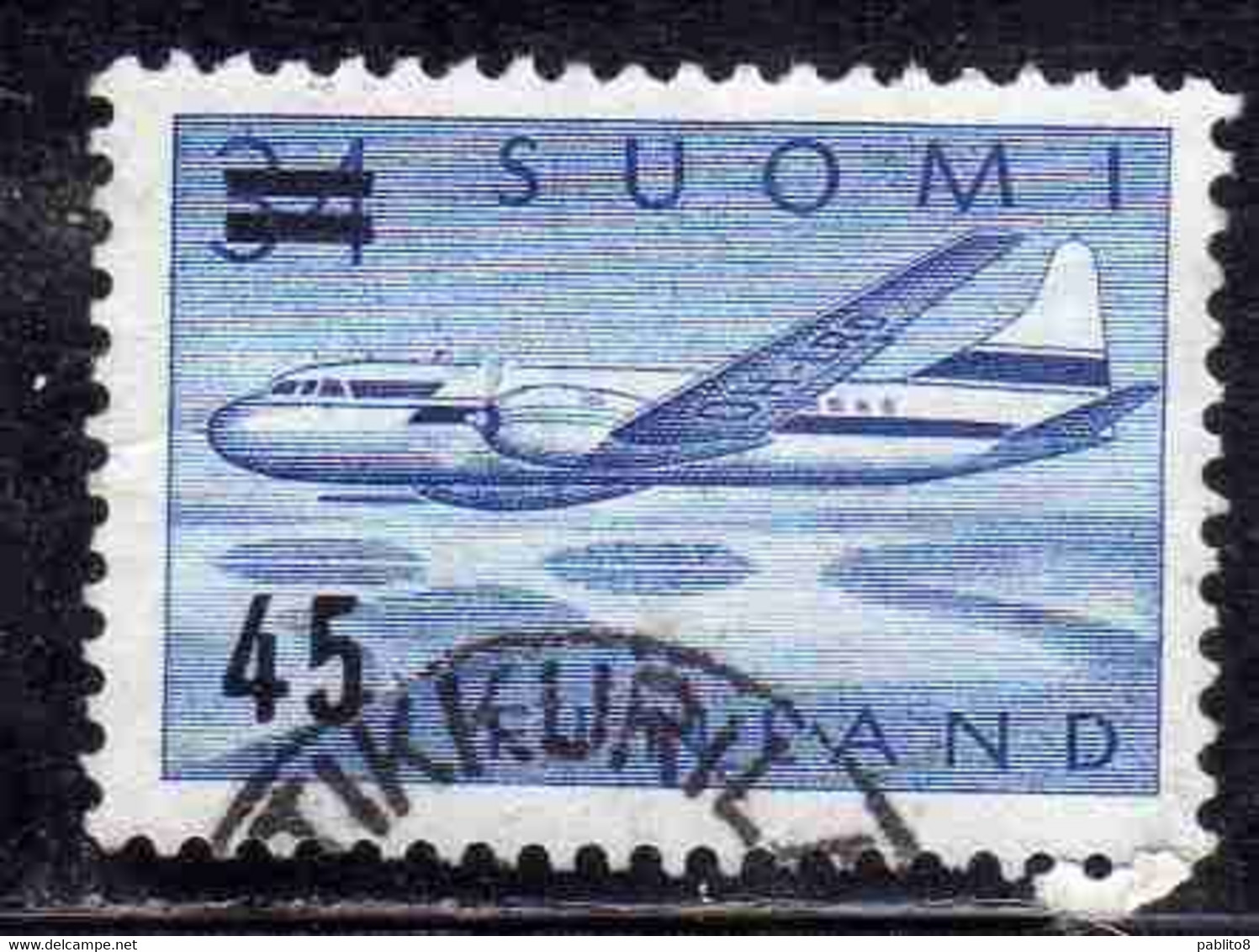 SUOMI FINLAND FINLANDIA FINLANDE 1959 SURCHARGED AIR POST MAIL AIRMAIL CONVAIR OVER LAKES 45 On 34m USED USATO OBLITERE' - Gebraucht