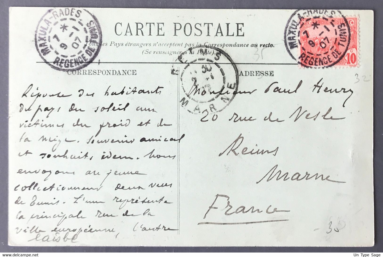 Tunisie, Divers Sur CPA TAD Maxula-Radès, Régence De Tunis 9.1.1907 Pour Reims - (N080) - Storia Postale