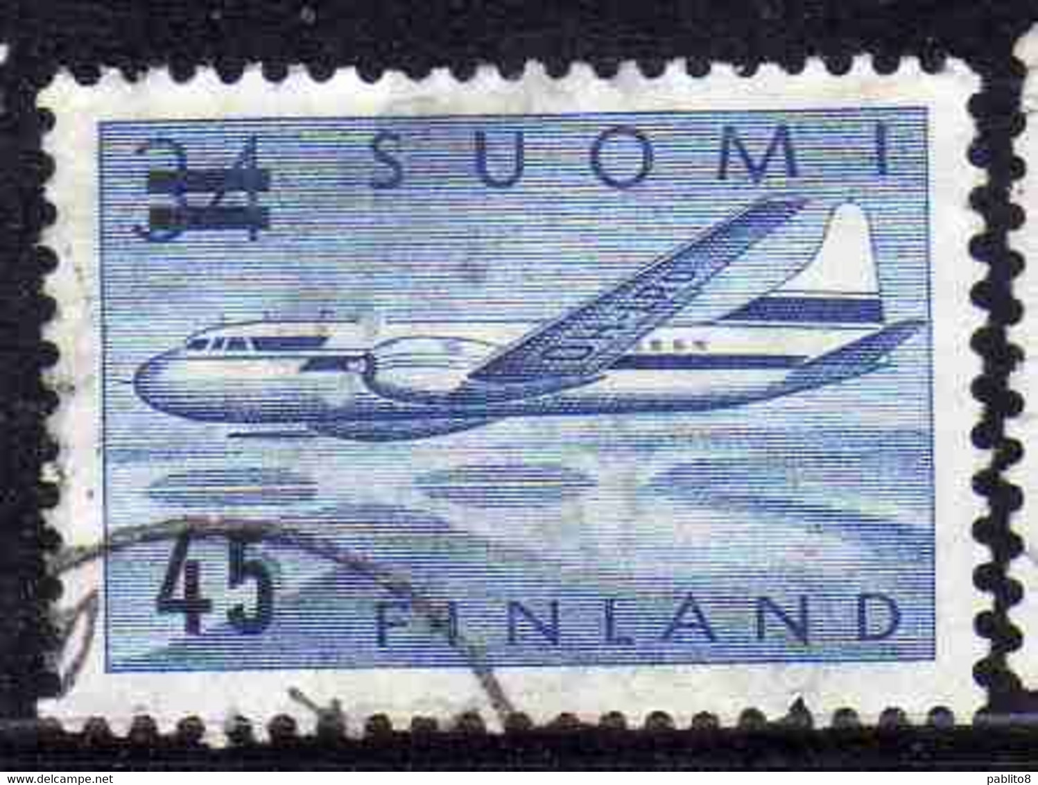 SUOMI FINLAND FINLANDIA FINLANDE 1959 SURCHARGED AIR POST MAIL AIRMAIL CONVAIR OVER LAKES 45 On 34m USED USATO OBLITERE' - Usados