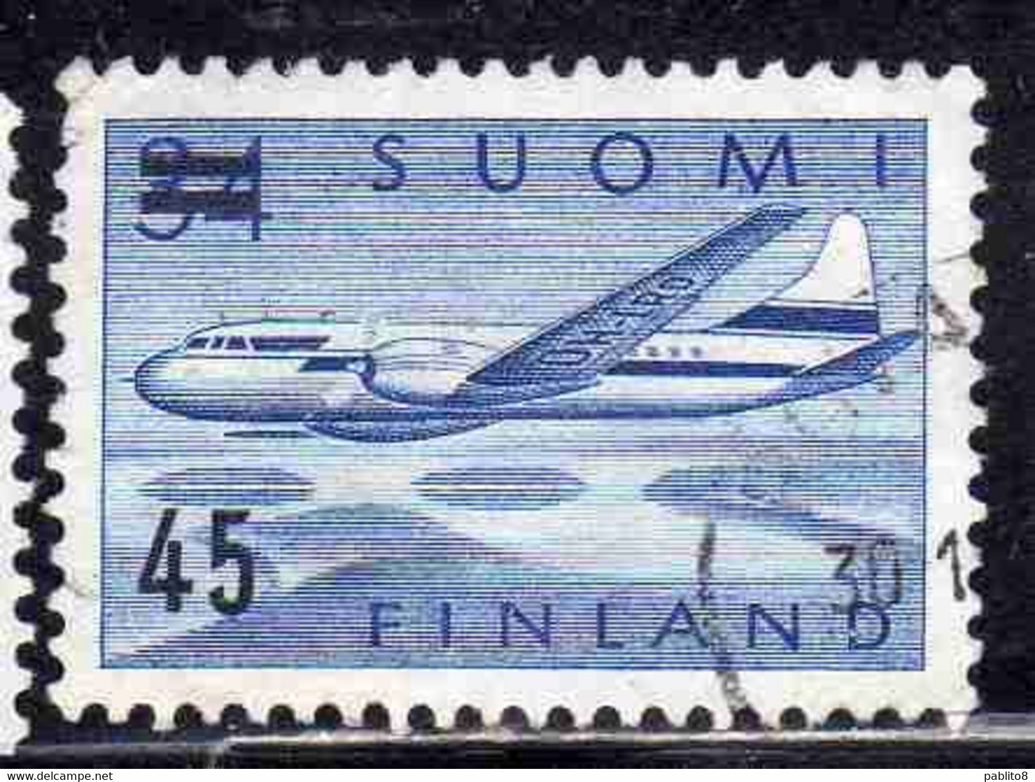 SUOMI FINLAND FINLANDIA FINLANDE 1959 SURCHARGED AIR POST MAIL AIRMAIL CONVAIR OVER LAKES 45 On 34m USED USATO OBLITERE' - Oblitérés