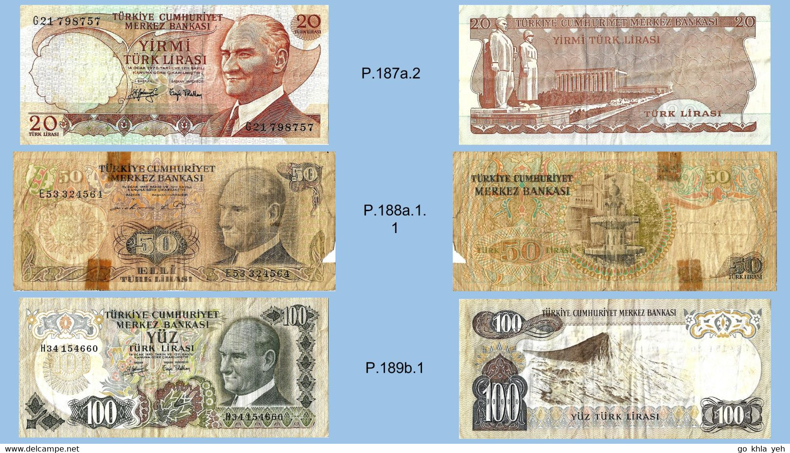 TURQUIE 1979-1976-1979 20-50-100 Livre - P.187a.2 - P188a.1.1 - P189b.1 - TTB  VF - B F - TTB VF - Turquie