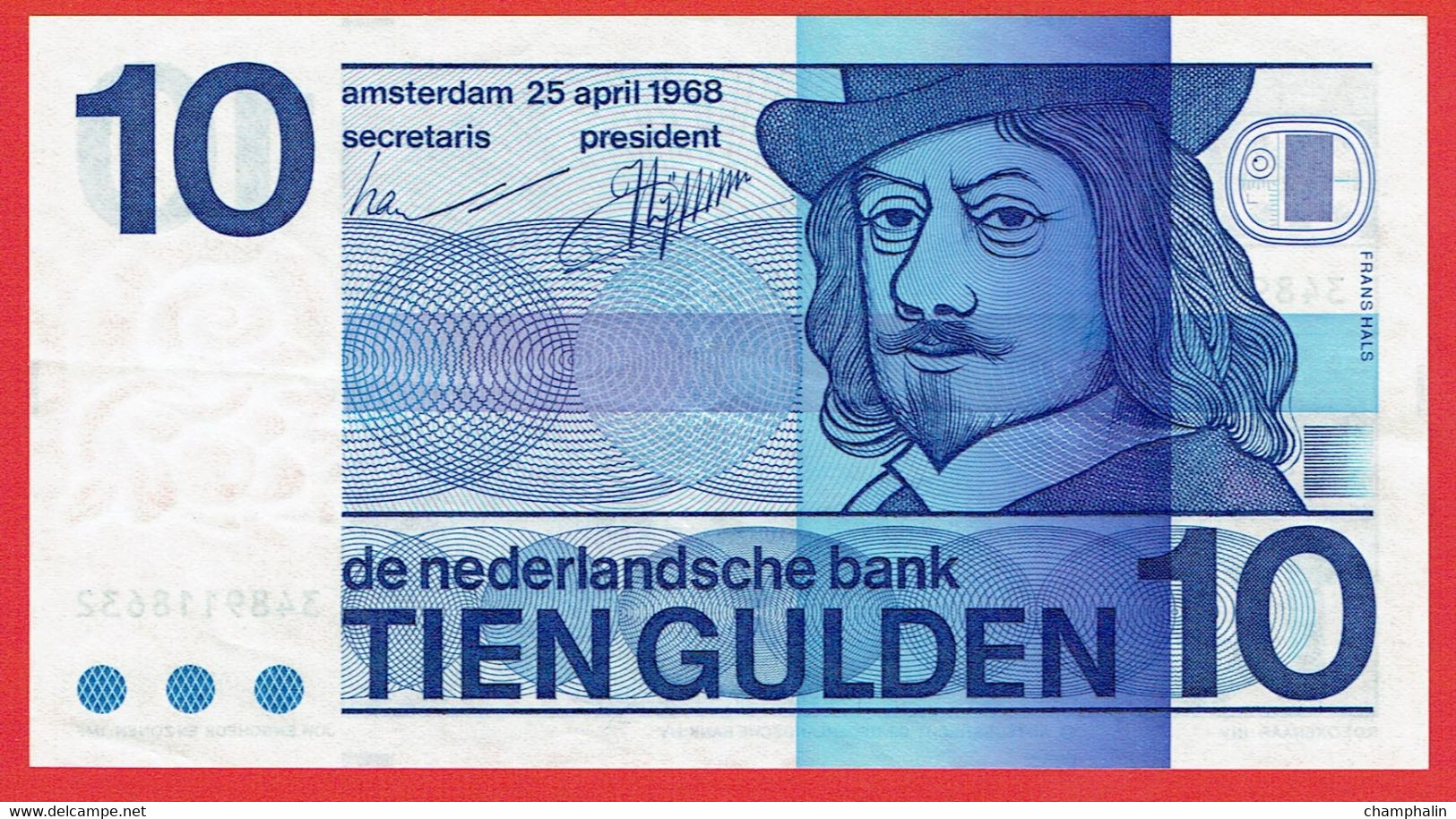 Pays-Bas - Billet De 10 Gulden - Frans Hals - 25 Avril 1968 - P91b - 10 Florín Holandés (gulden)