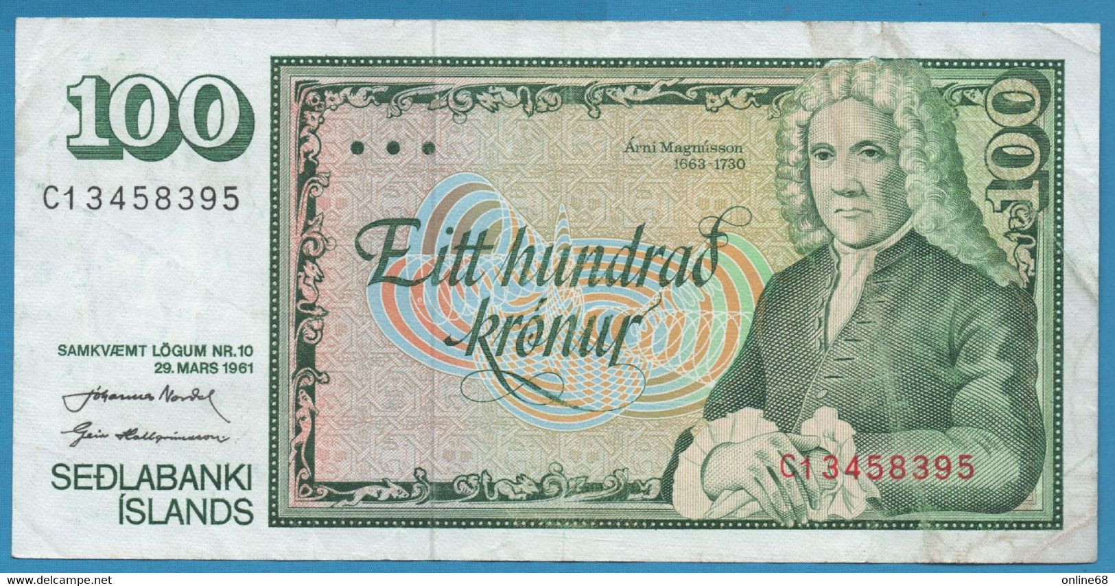 ICELAND 100 KRONUR 29.03.1961 # C13458395 P# 50 Signatures: J. Nordal & G. Hallgrimsson - Iceland