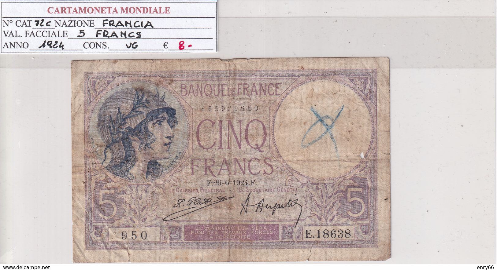 FRANCIA 5 FRANCS 1924 P 72C - 5 F 1917-1940 ''Violet''