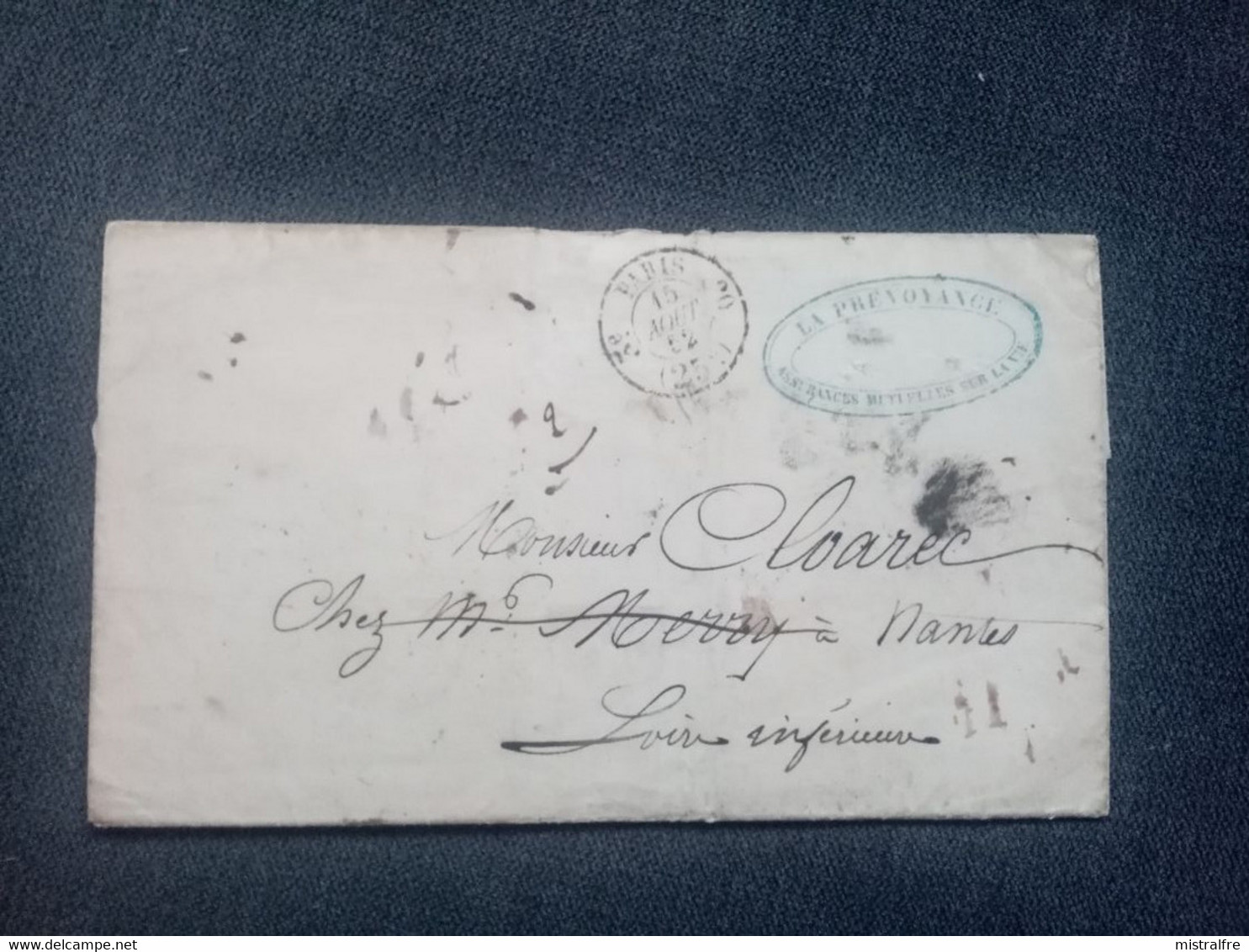 FRANCE. 1852 . Lettre  PARIS - NANTES. LA PREVOYANCE / Assurances Mutuelles Vie - Non Classés