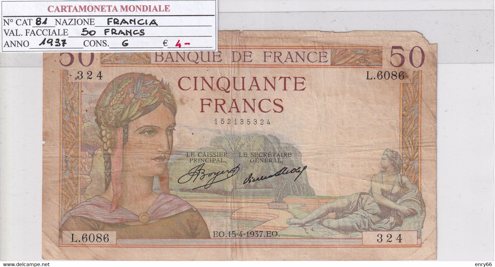 FRANCIA 50 FRANCS 1937 P 81 - 50 F 1934-1940 ''Cérès''