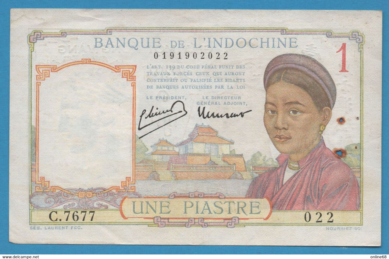 INDOCHINE 1 PIASTRE ND (1932-1949) # C.7677 022 P# 54c Signatures: Minost & Laurent - Indochine