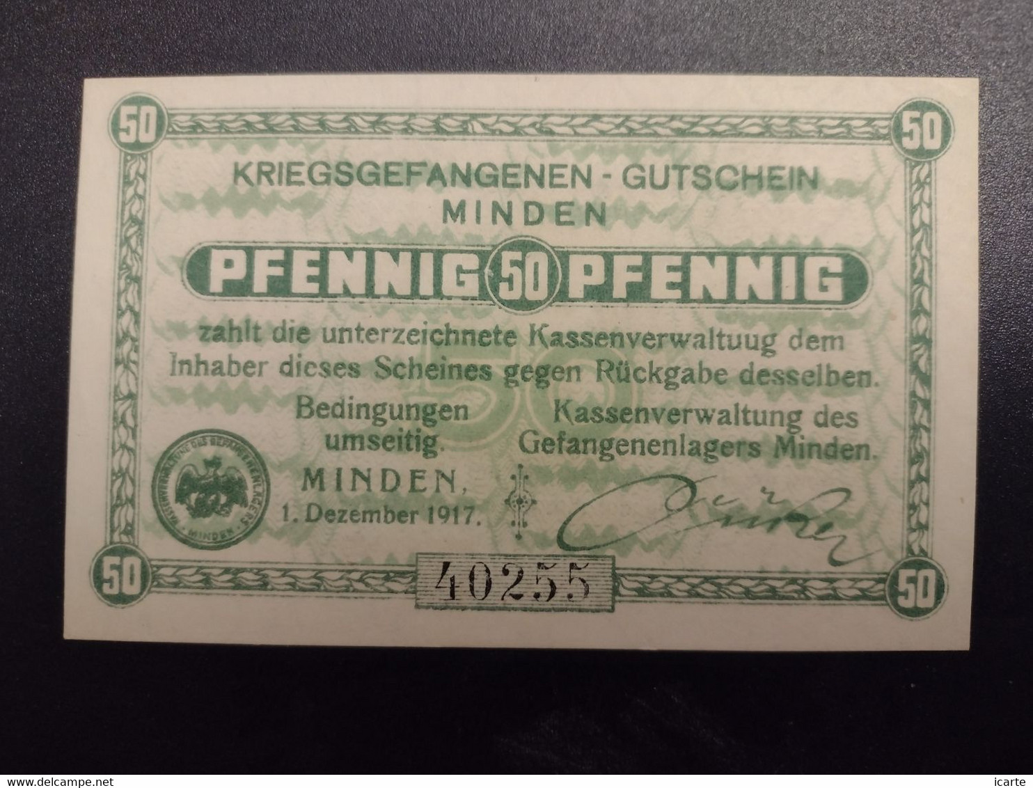 Billet 50 Pfennig LAGERGELD MONNAIE DE CAMP PRISONNIER DE GUERRE Kriegsgefangenenlager MINDEN 1917 - Andere & Zonder Classificatie