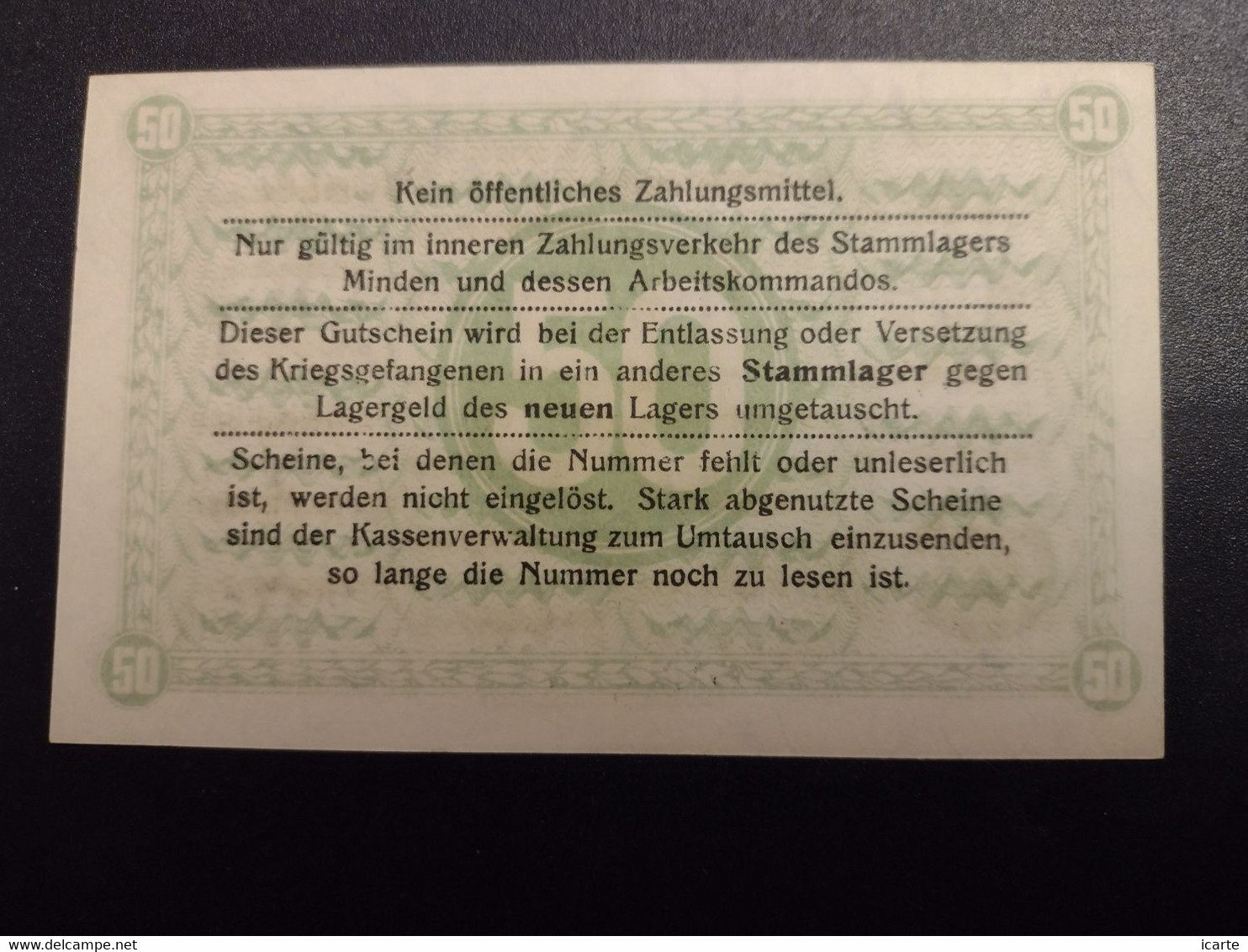 Billet 50 Pfennig LAGERGELD MONNAIE DE CAMP PRISONNIER DE GUERRE Kriegsgefangenenlager MINDEN 1917 - Sonstige & Ohne Zuordnung