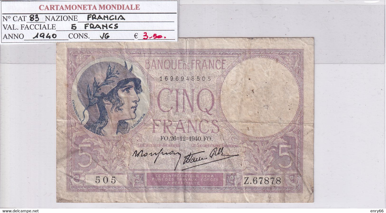 FRANCIA 5 FRANCS 1940 P 83 - 5 F 1917-1940 ''Violet''