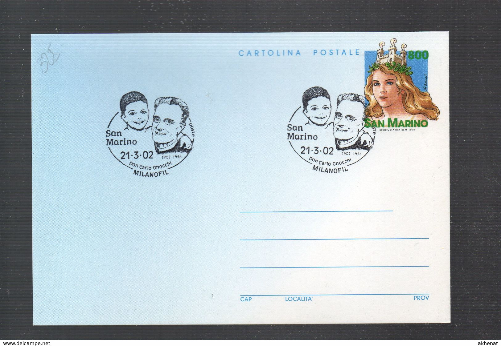 325EML - SAN MARINO , Cartolina Postale Con Annullo "don Carlo Gnocchi 21.3.2002" - Covers & Documents