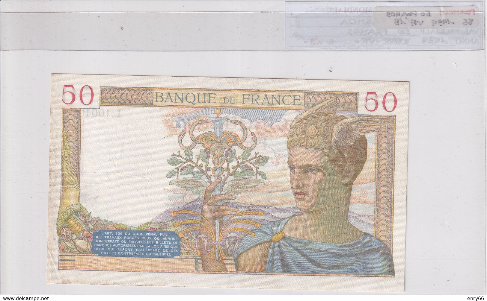 FRANCIA 50 FRANCS 1939 P 85 - 50 F 1934-1940 ''Cérès''