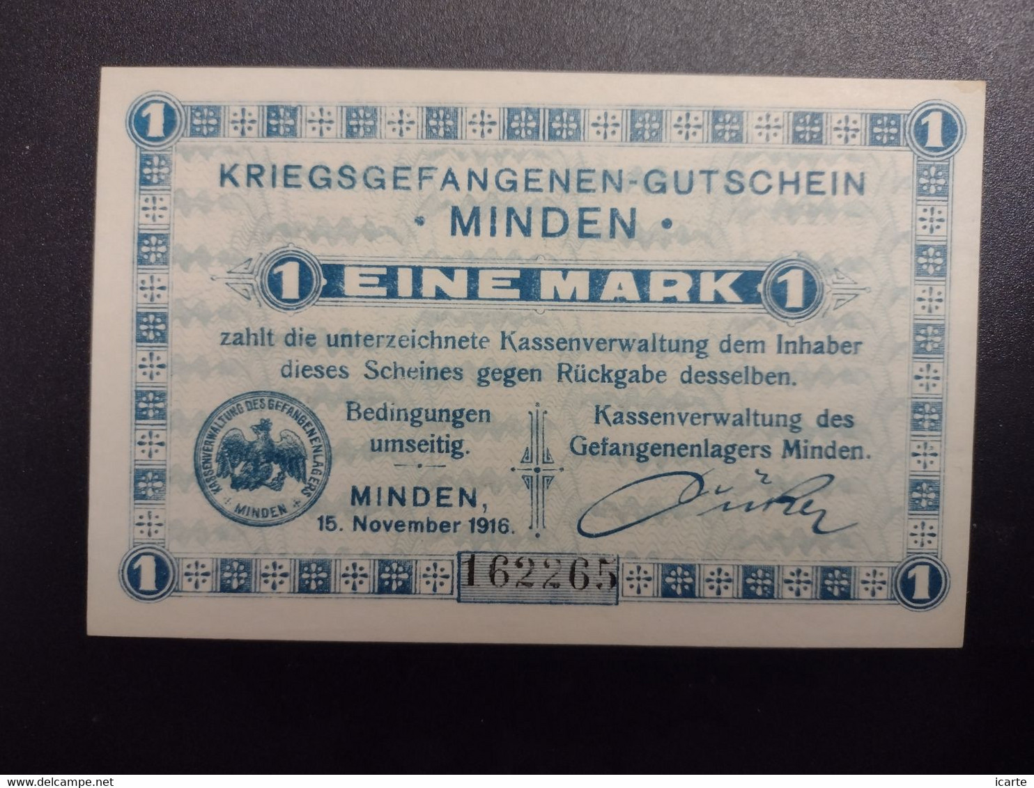 Billet Eine Mark LAGERGELD MONNAIE DE CAMP PRISONNIER DE GUERRE Kriegsgefangenenlager MINDEN 1916 - Sonstige & Ohne Zuordnung