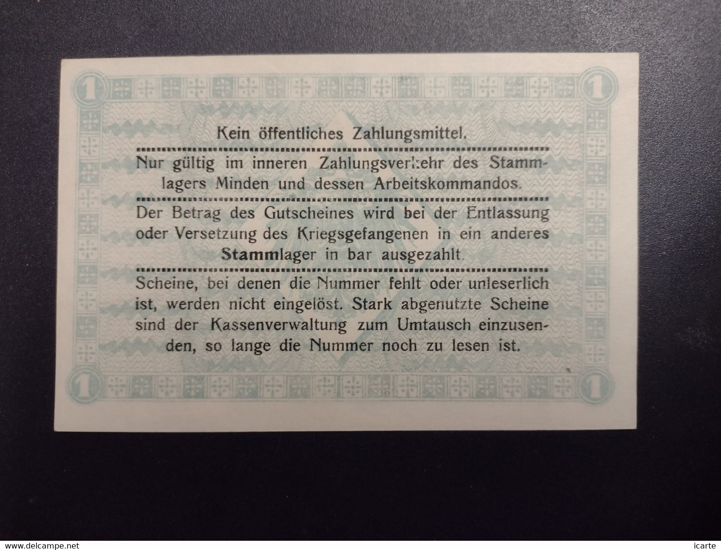 Billet Eine Mark LAGERGELD MONNAIE DE CAMP PRISONNIER DE GUERRE Kriegsgefangenenlager MINDEN 1916 - Other & Unclassified