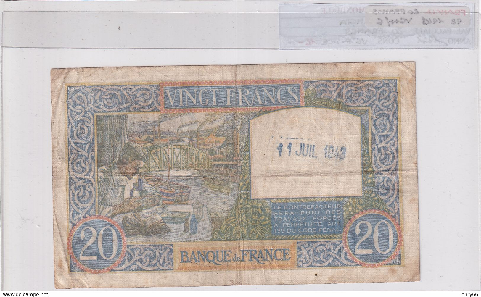 FRANCIA 20 FRANCS 1941 P 92 - 20 F 1939-1942 ''Science Et Travail''