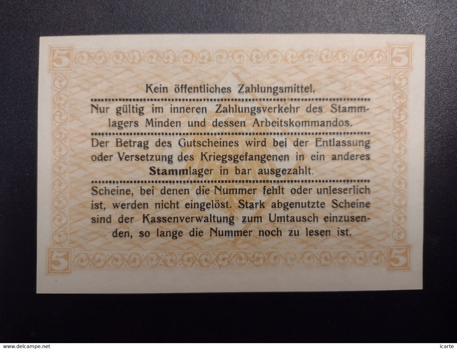 Billet 5 Mark LAGERGELD MONNAIE DE CAMP PRISONNIER DE GUERRE Kriegsgefangenenlager MINDEN 1916 - Sonstige & Ohne Zuordnung