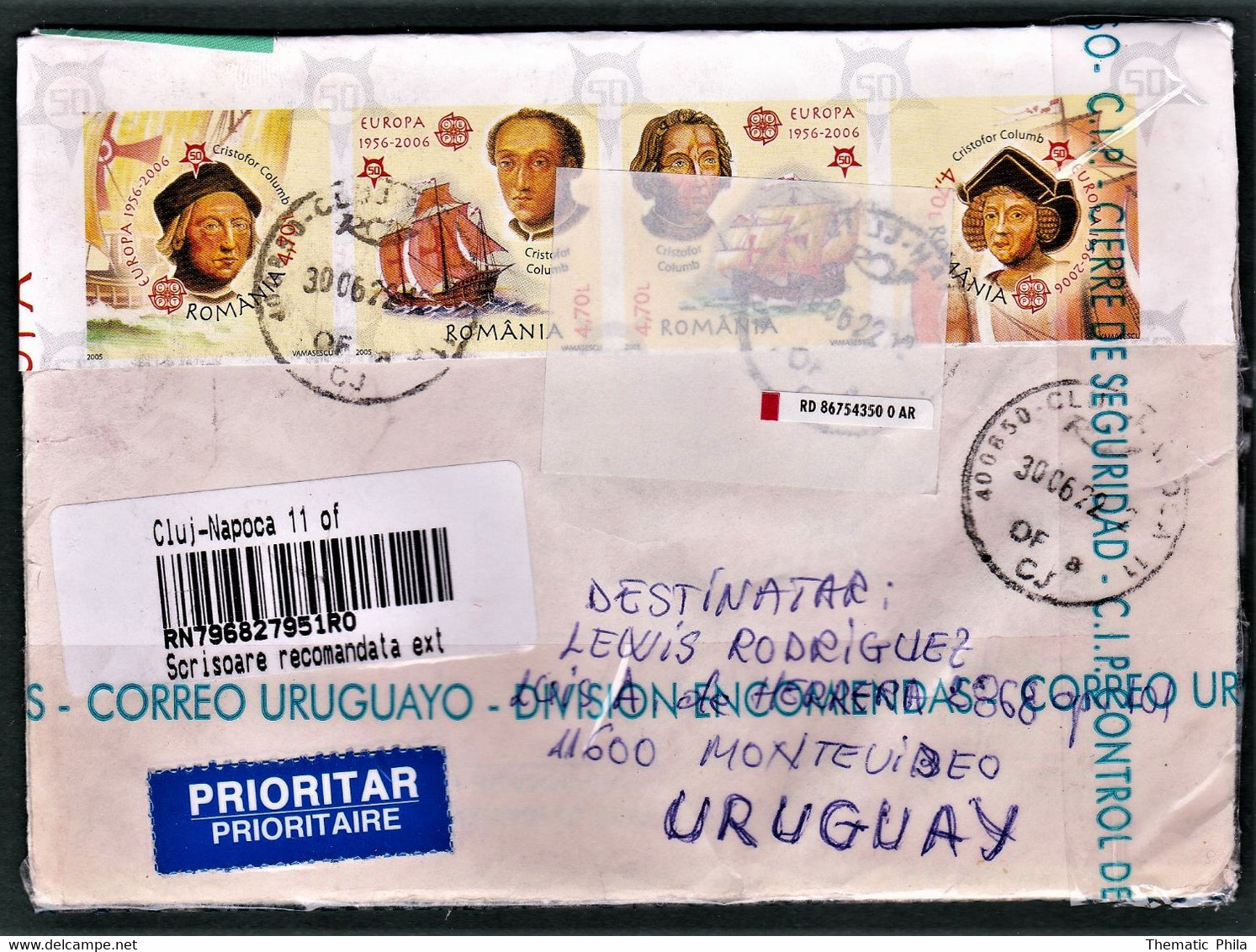 Romania 2022 Cover Certificated Sent To Montevideo Uruguay - Cristobal Colón Columbus - Lettres & Documents