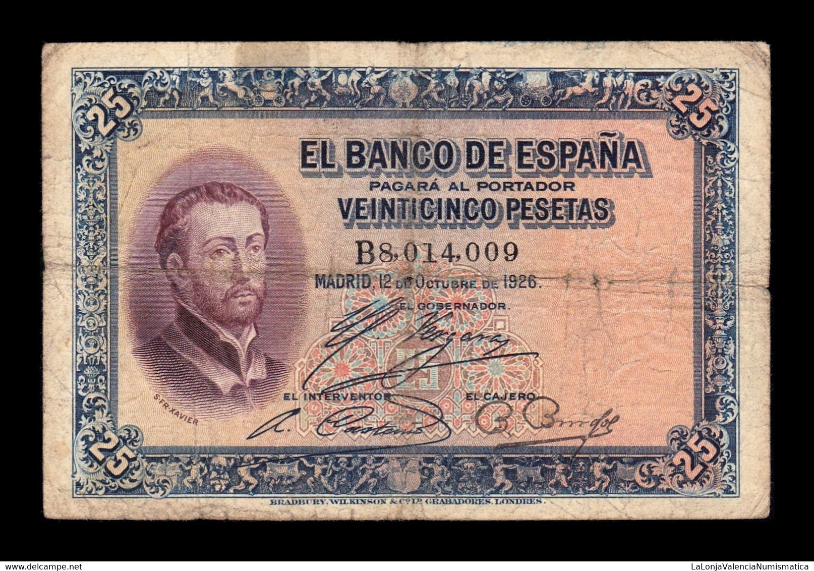 España Spain 25 Pesetas San Francisco Xavier 1926 Pick 71a Serie B T.009 BC F - 1-2-5-25 Pesetas