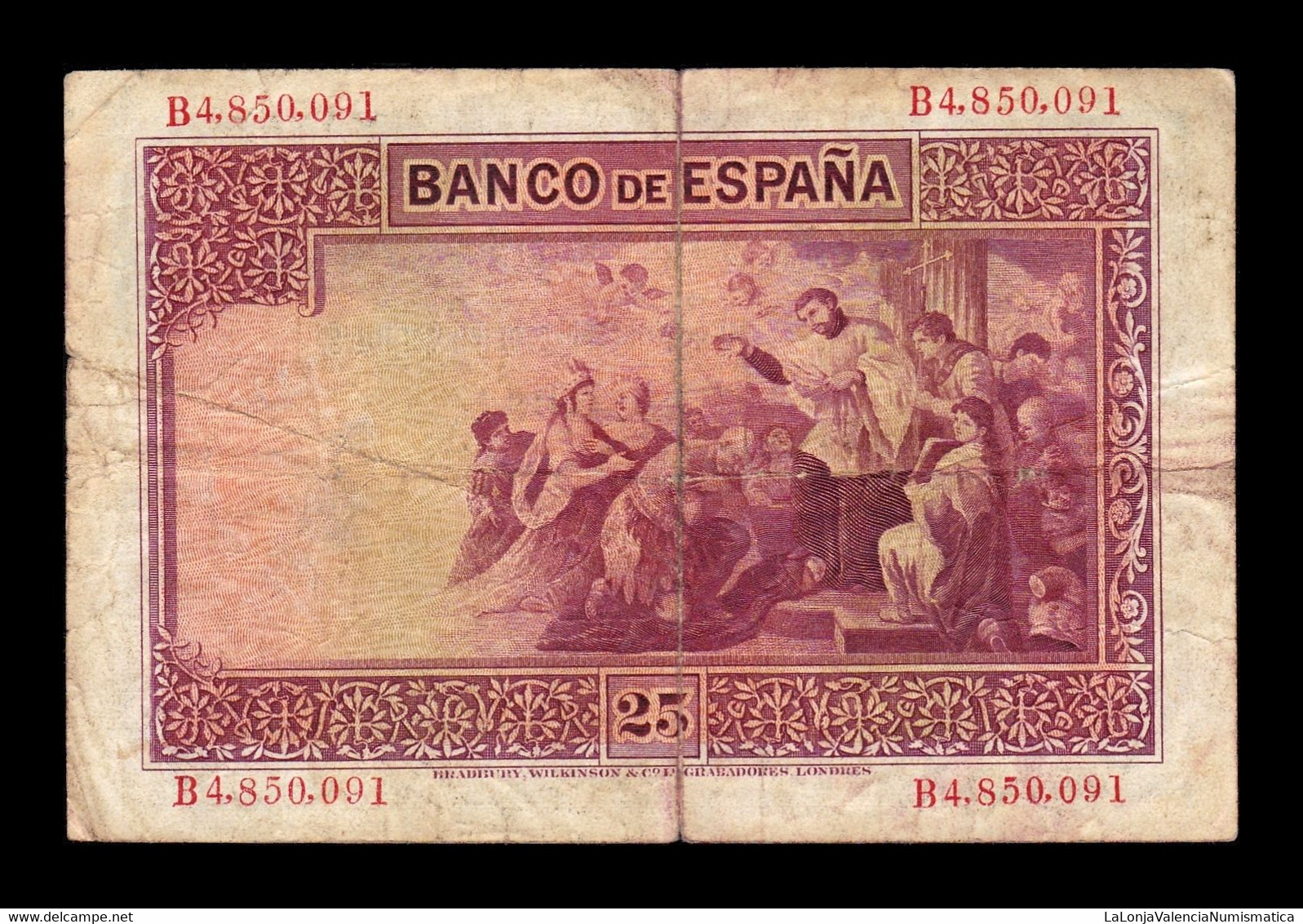 España Spain 25 Pesetas San Francisco Xavier 1926 Pick 71a Serie B T.091 BC F - 1-2-5-25 Pesetas