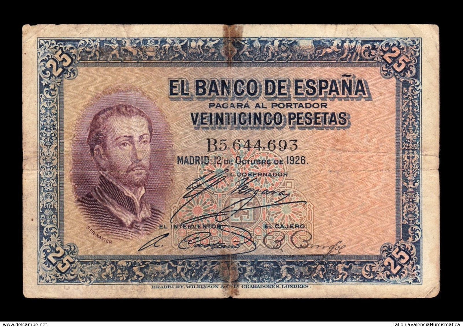 España Spain 25 Pesetas San Francisco Xavier 1926 Pick 71a Serie B T.693 BC F - 1-2-5-25 Pesetas