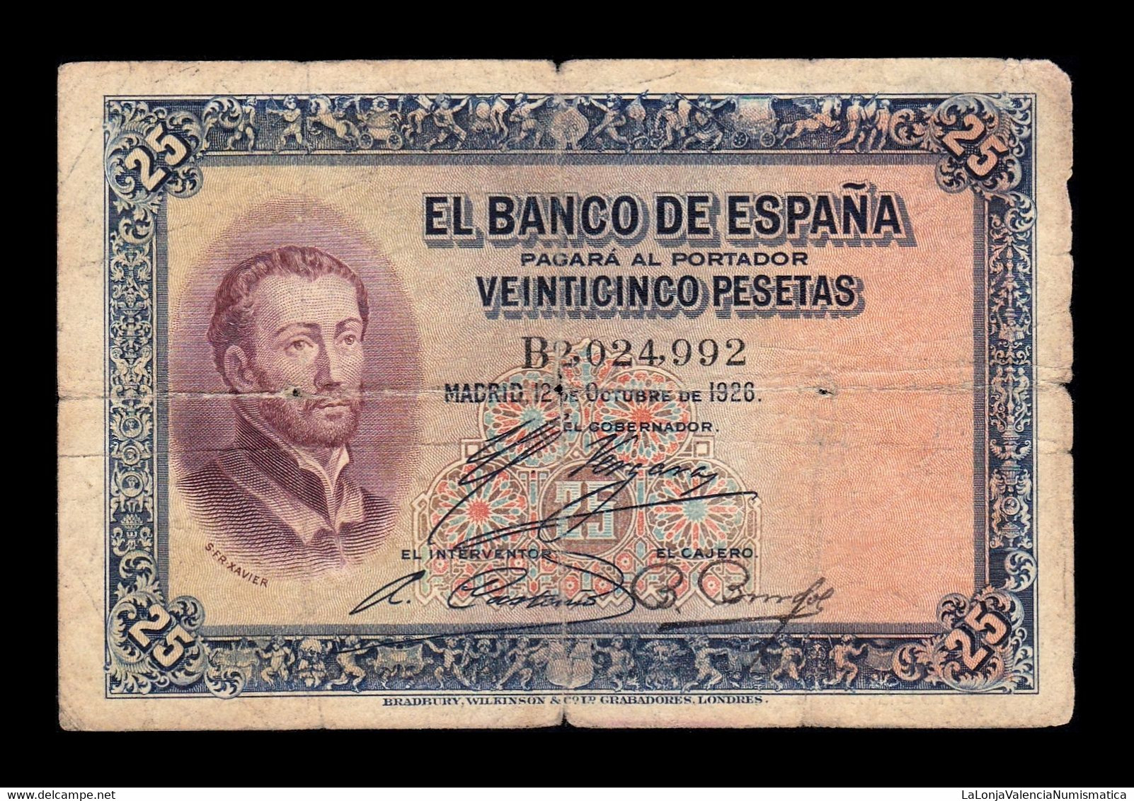 España Spain 25 Pesetas San Francisco Xavier 1926 Pick 71a Serie B T.992 BC F - 1-2-5-25 Peseten