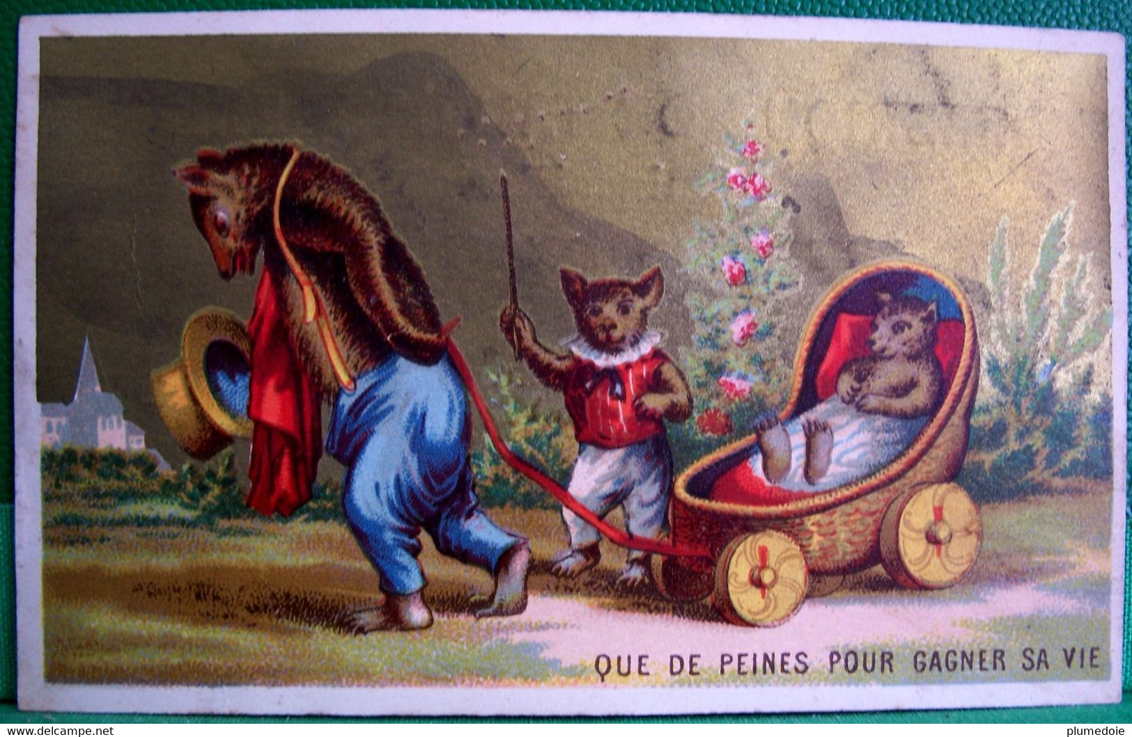 CHROMO XIX ° OURS HUMANISE . OURSON .CHAT  Landau , .AUMONT à VERNON  .DRESSED BEAR Cat OLD ADVERTISING CARD - Animals
