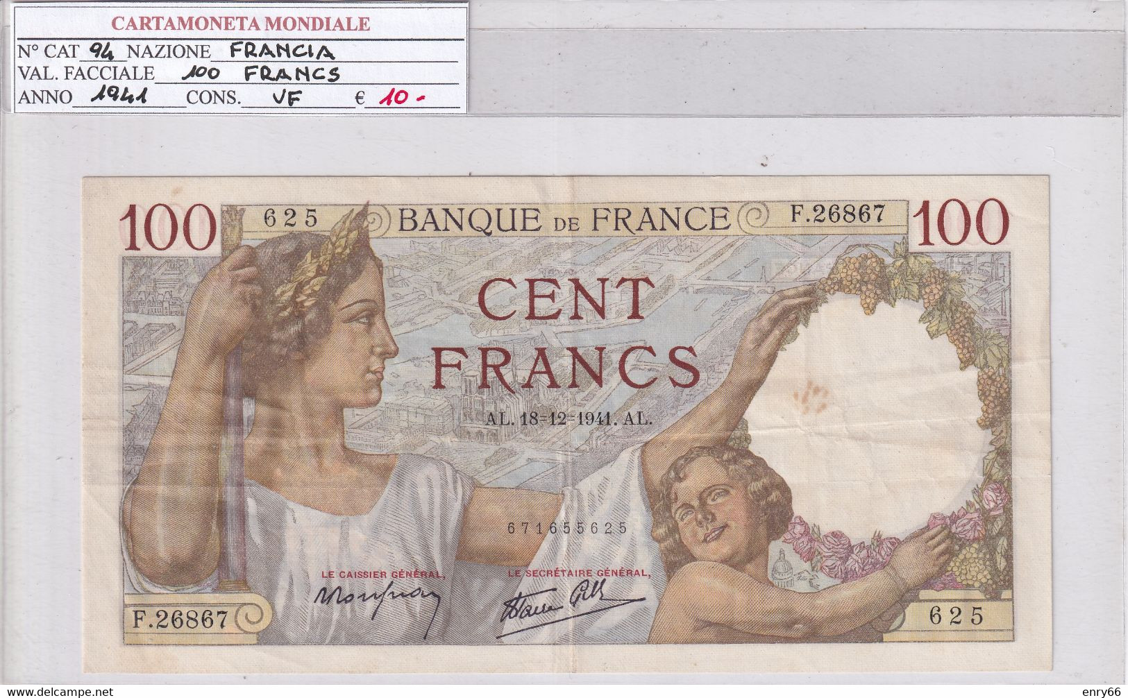 FRANCIA 100 FRANCS 1941 P 94 - 100 F 1939-1942 ''Sully''