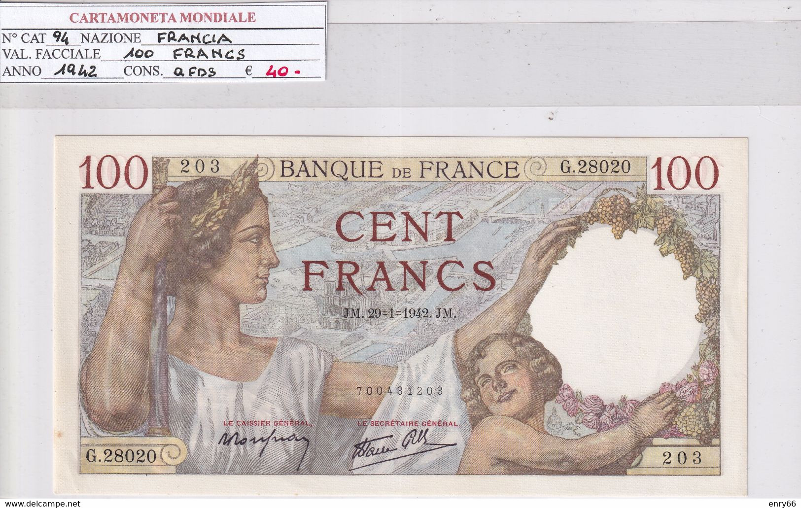FRANCIA 100 FRANCS 1942 P 94 - 100 F 1939-1942 ''Sully''