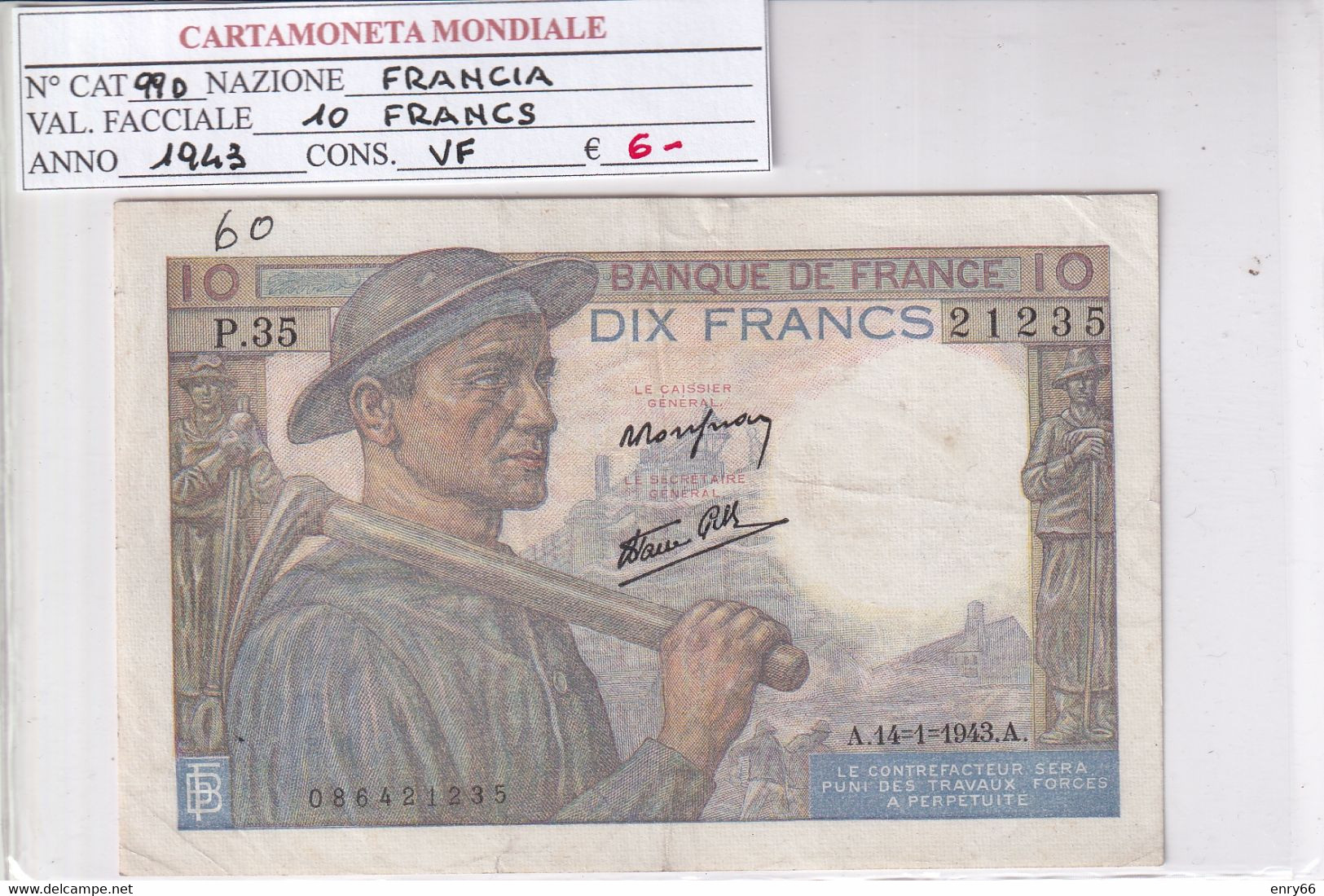 FRANCIA 10 FRANCS 1943 P 99d - 10 F 1941-1949 ''Mineur''