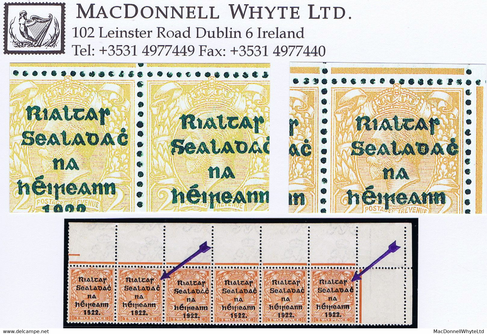 Ireland 1922 Thom Rialtas Ovpt In Blue-black On 2d Die 2, Var. "Wide Dac + R Over Se" Twice In Strip Of 6 - Neufs