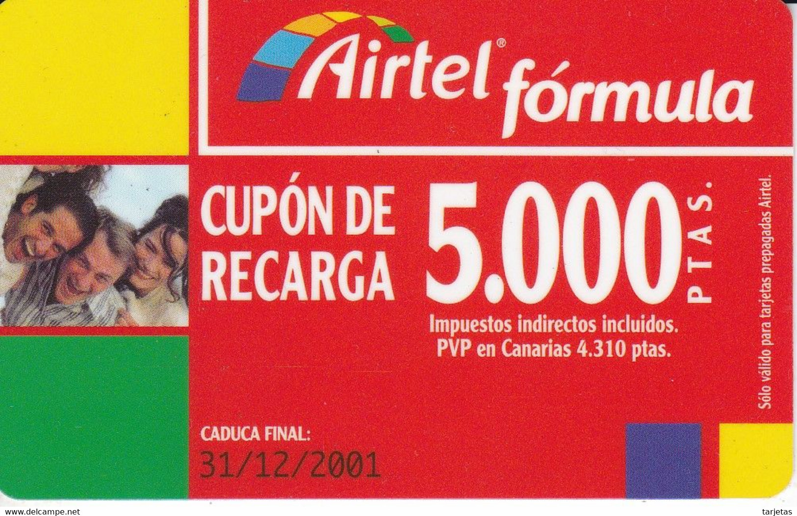 ACR-055/2  TARJETA DE AIRTEL DE 5000 PTAS DEL 31/12/2001  NUMEROS PUNTOS - Airtel