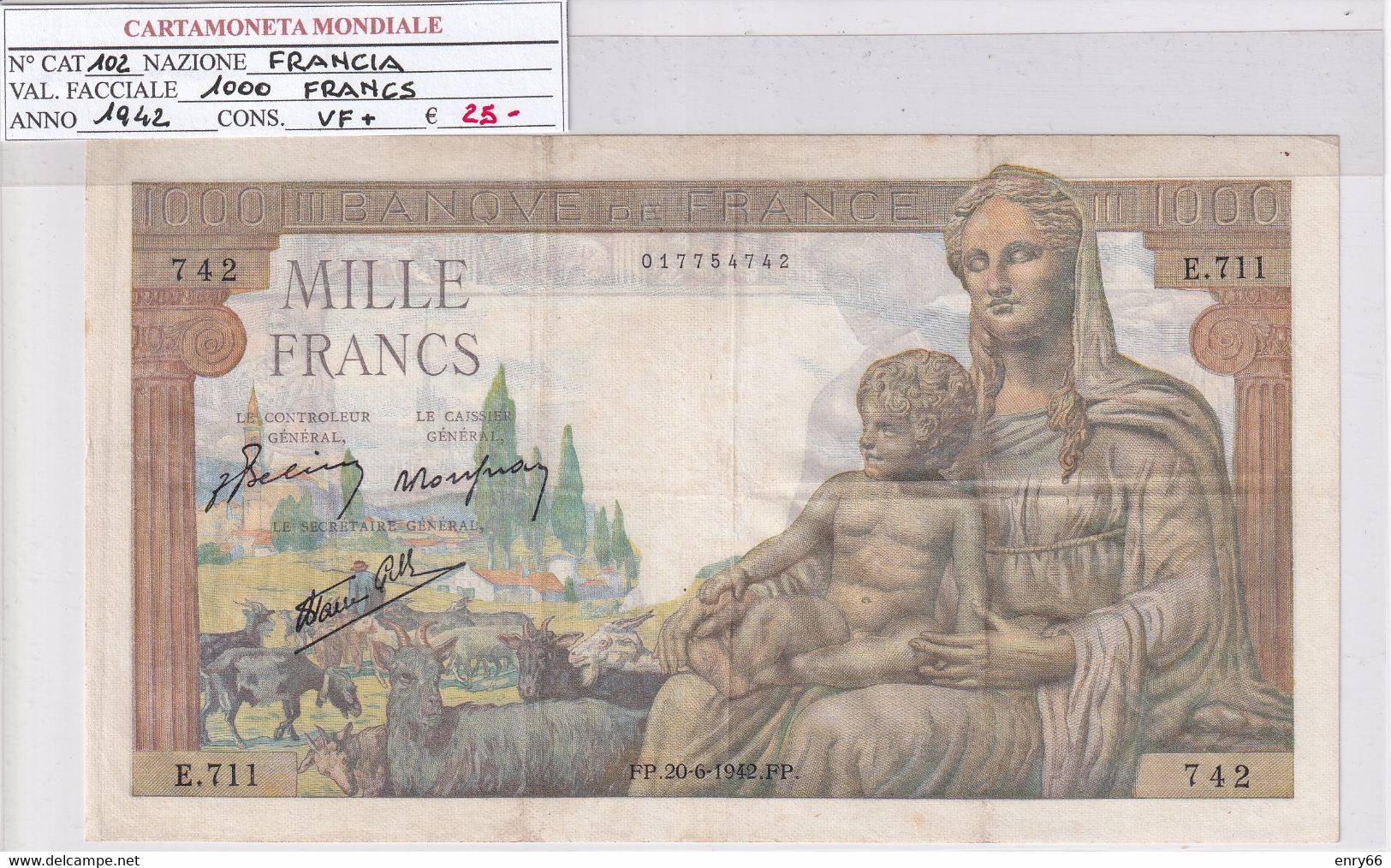 FRANCIA 1000 FRANCS 1942 P 102 - 1 000 F 1940-1944 ''Commerce Et Industrie''