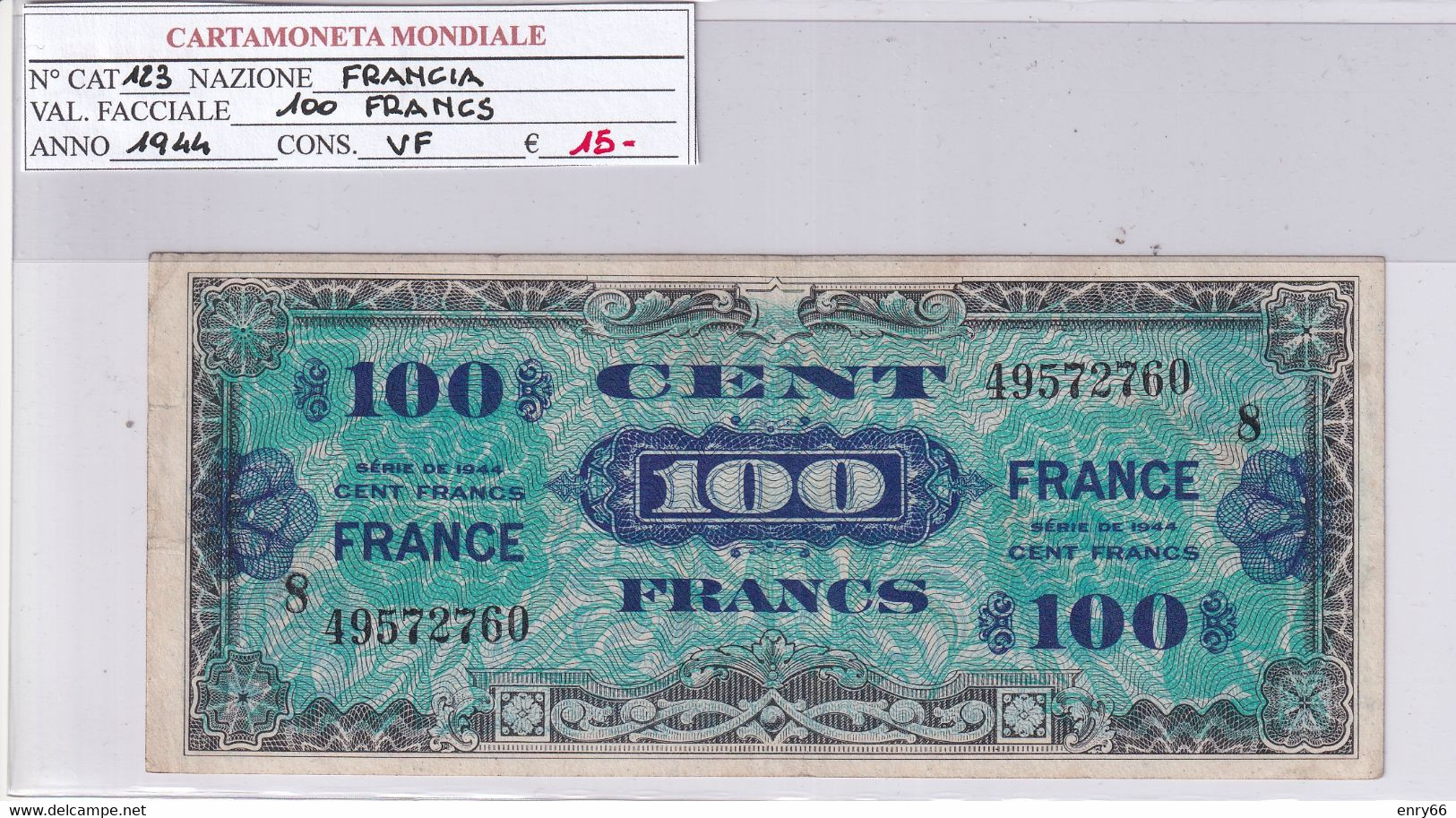 FRANCIA 100 FRANCS 1944 P 123 - Ohne Zuordnung