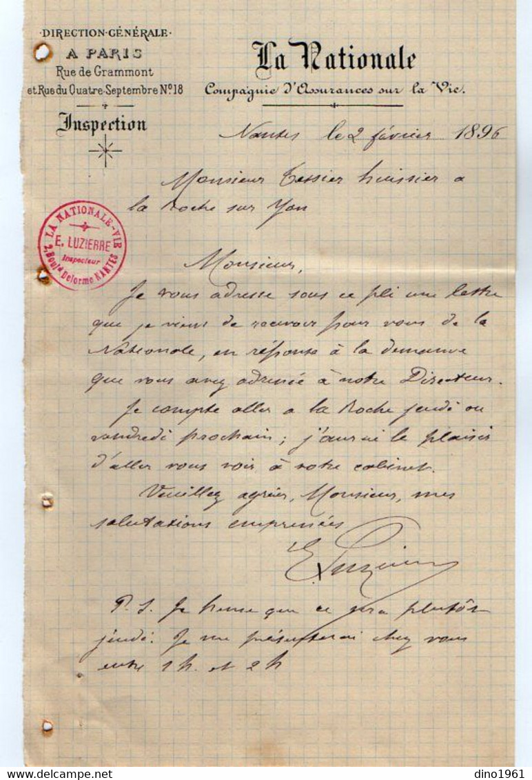 VP20.893 - 1895 - Lettre ¨ LA NATIONALE ¨ Cie D'Assurances Sur La Vie à PARIS Rue De Grammont Et Du Quatre - Septembre - Banque & Assurance