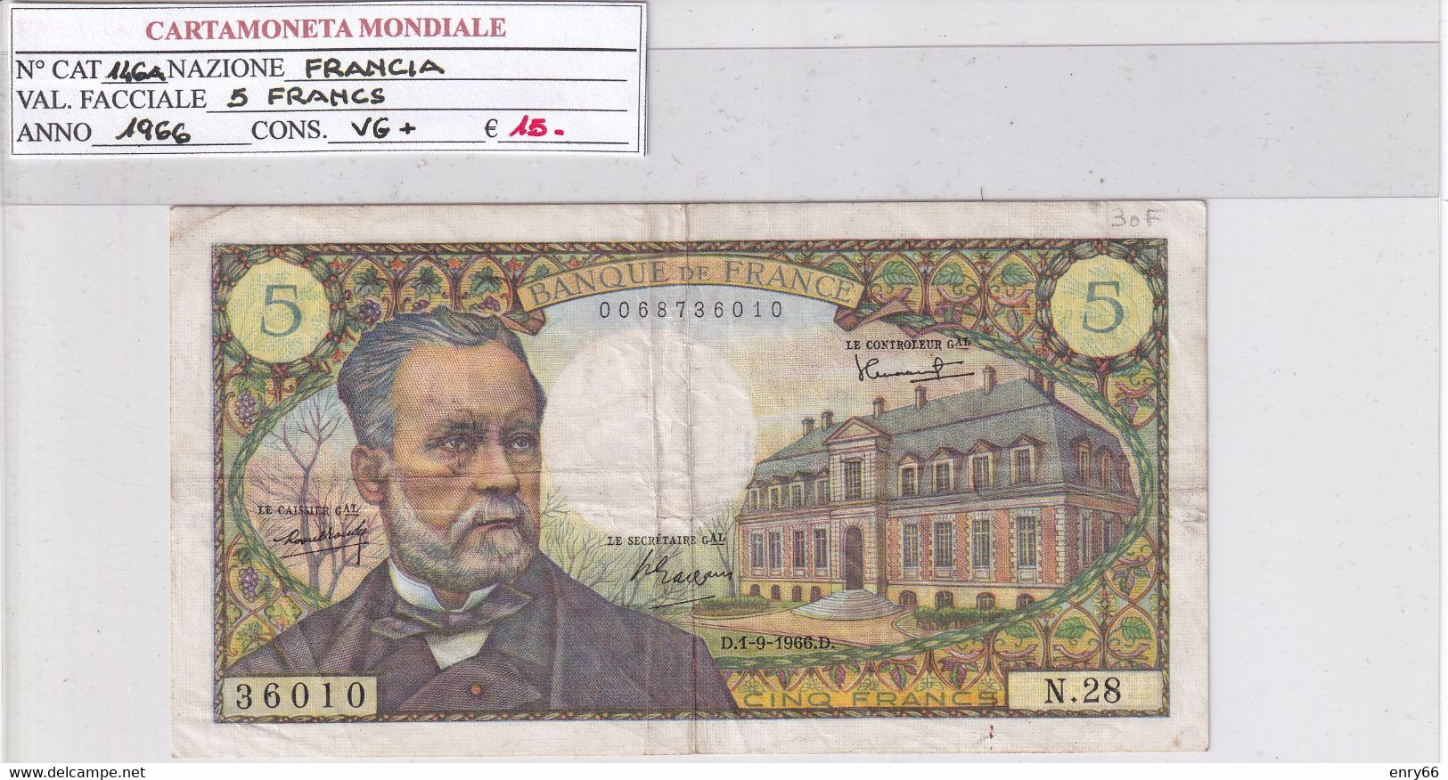 FRANCIA 5 FRANCS 1966 P 146A - 5 F 1966-1970 ''Pasteur''