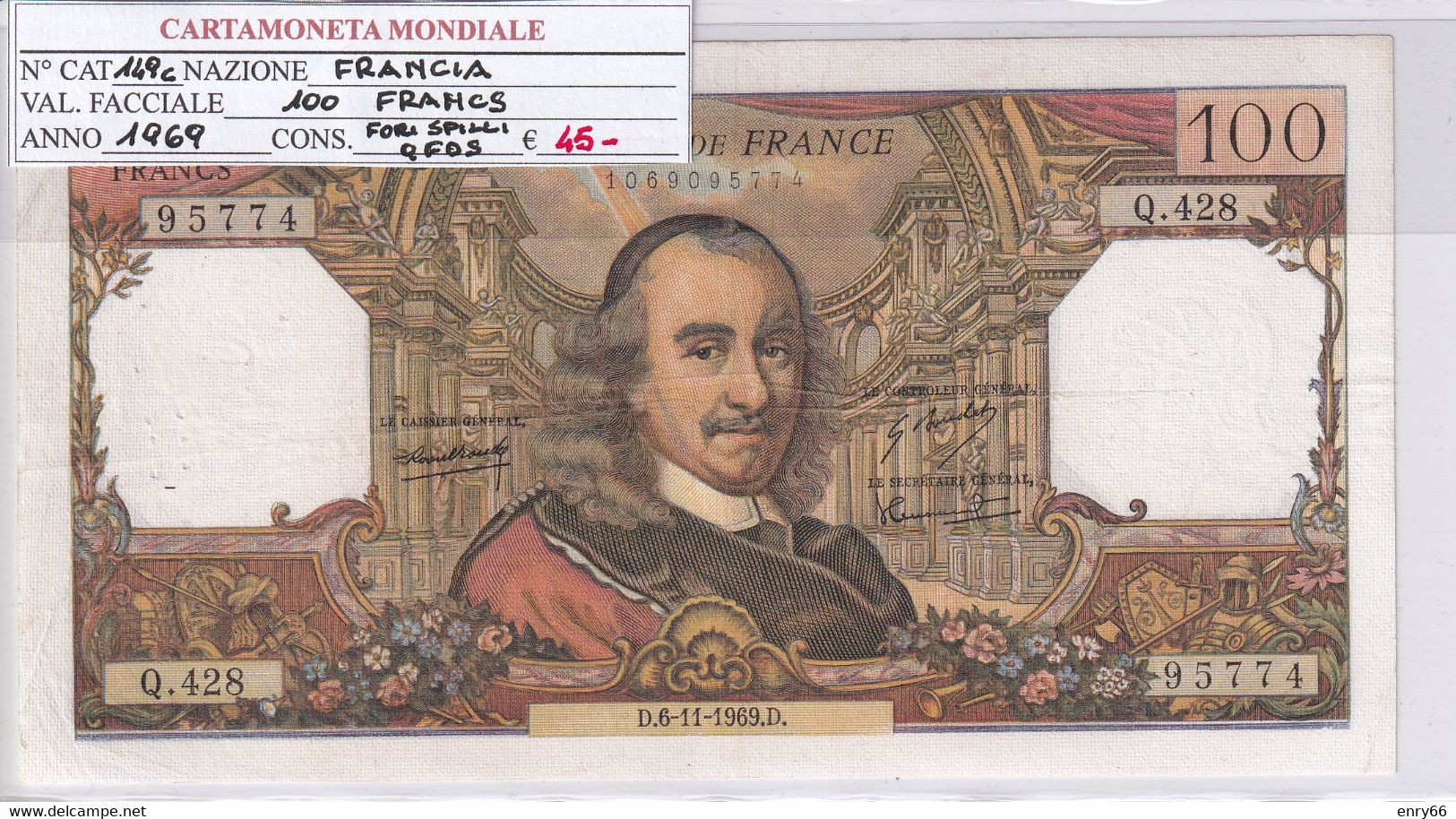 FRANCIA 100 FRANCS 1969 P 149C - 100 F 1964-1979 ''Corneille''