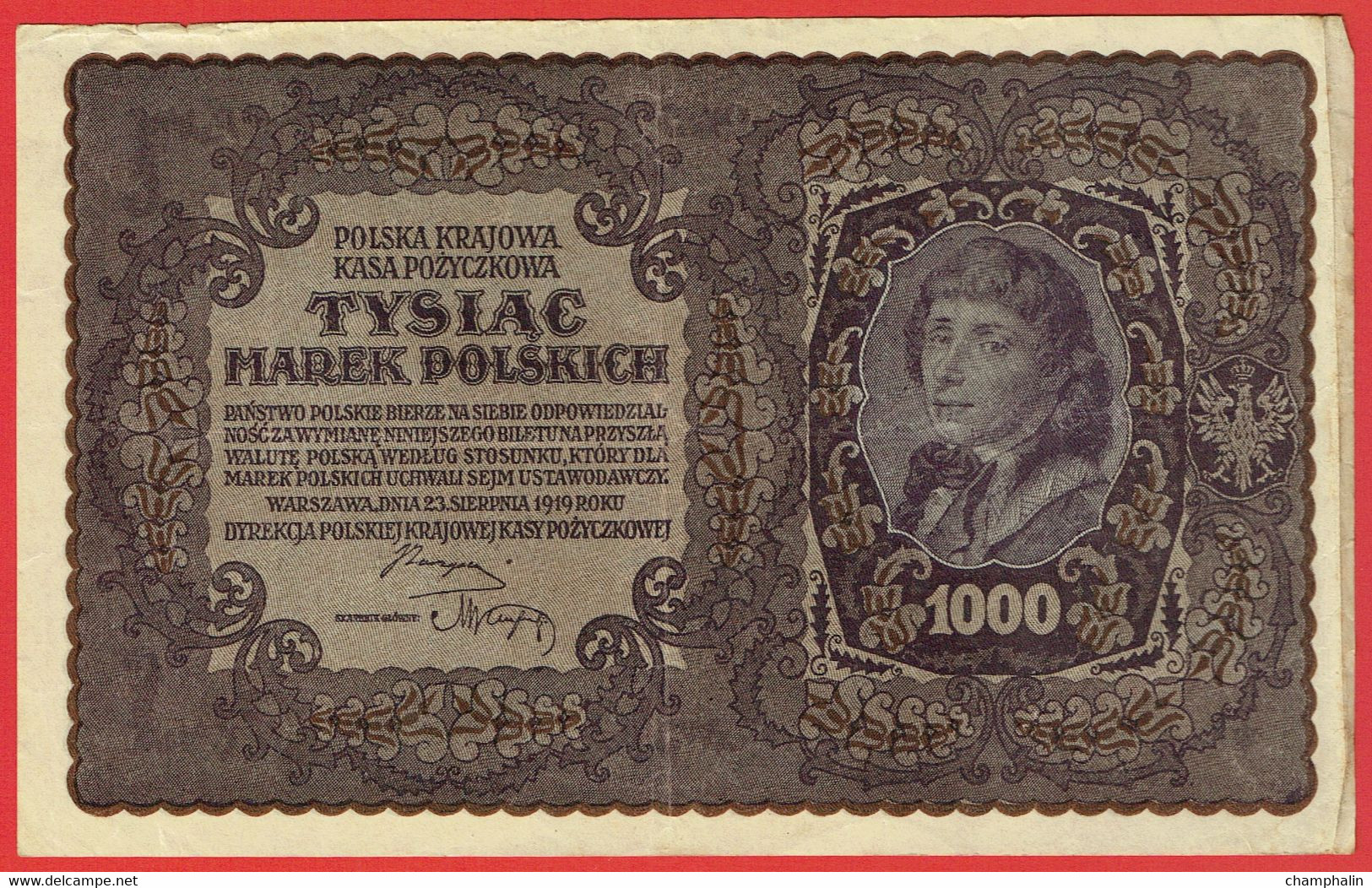 Pologne - Billet De 1000 Marek - Tadeusz Kosciuszko - 23 Août 1919 - P29 - Pologne