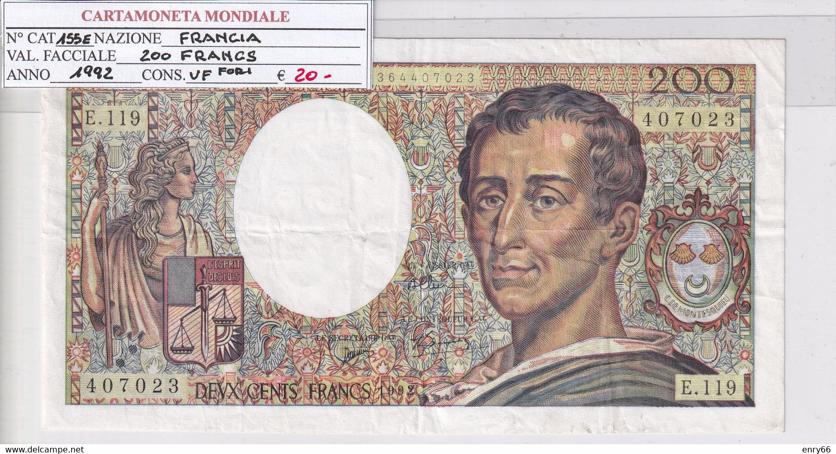 FRANCIA 200 FRANCS 1992 P 155E - 200 F 1981-1994 ''Montesquieu''