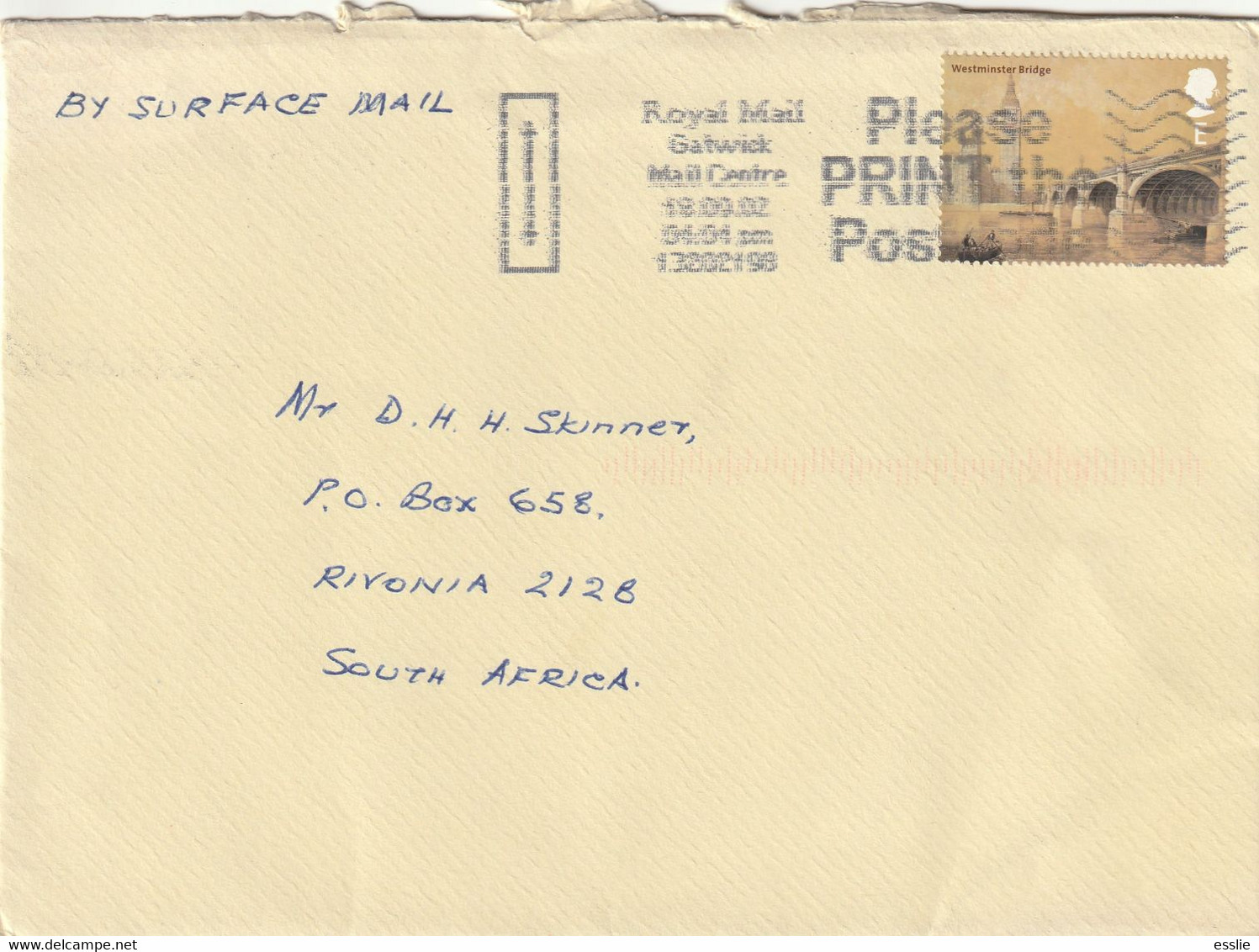 Great Britain Cover South Africa - 2002 - Gatwick Mail Centre Westminster Bridge S In London Slogan - Lettres & Documents