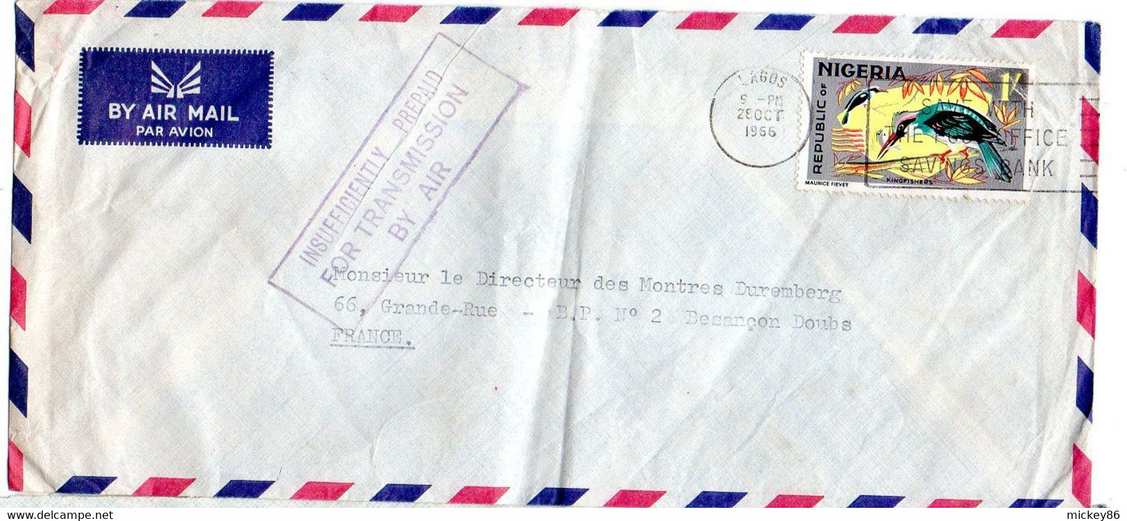 Nigeria-1966--LAGOS  Pour Besançon-25-- Tp Oiseau Seul Sur Lettre..cachet  INSUFFICIENTLY PREPAID....à Saisir - Nigeria (1961-...)