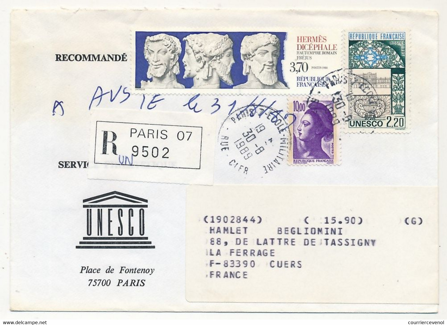 FRANCE - UNESCO - 8 Enveloppes Service Philatélique Unesco Avec Timbres De Service - Obl Paris 7 Rue Clerc - 1989/90 - Brieven & Documenten