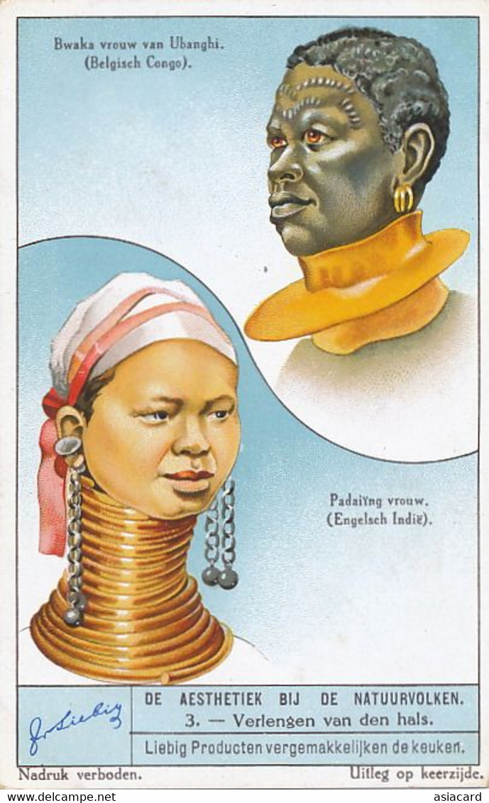 Chromo Litho Padang Girl Burma And Bwaka Woman Belgian Congo With Strange Neck And Ear Piercing - Myanmar (Burma)