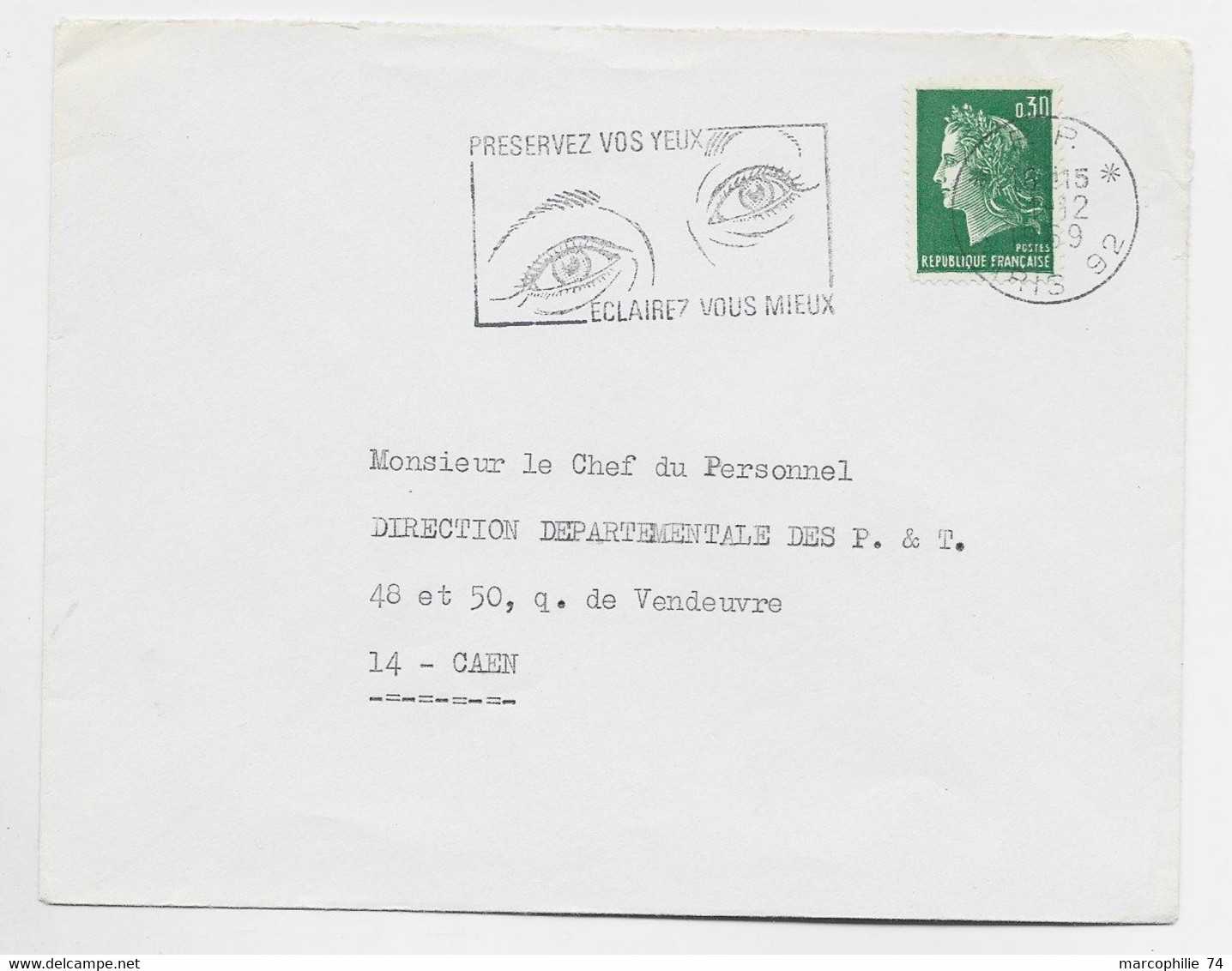 CHEFFER 30C VERT LETTRE MECANIQUE SECAP P.P. 11.12.1969 PARIS 92 - 1967-1970 Marianne Of Cheffer