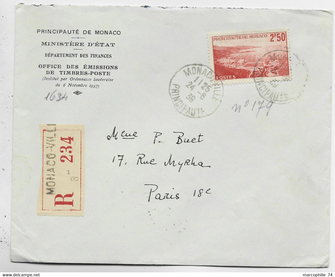 MONACO 2FR50 SEUL LETTRE REC COVER MONACO VILLE 24.6.1939 AU TARIF - Covers & Documents