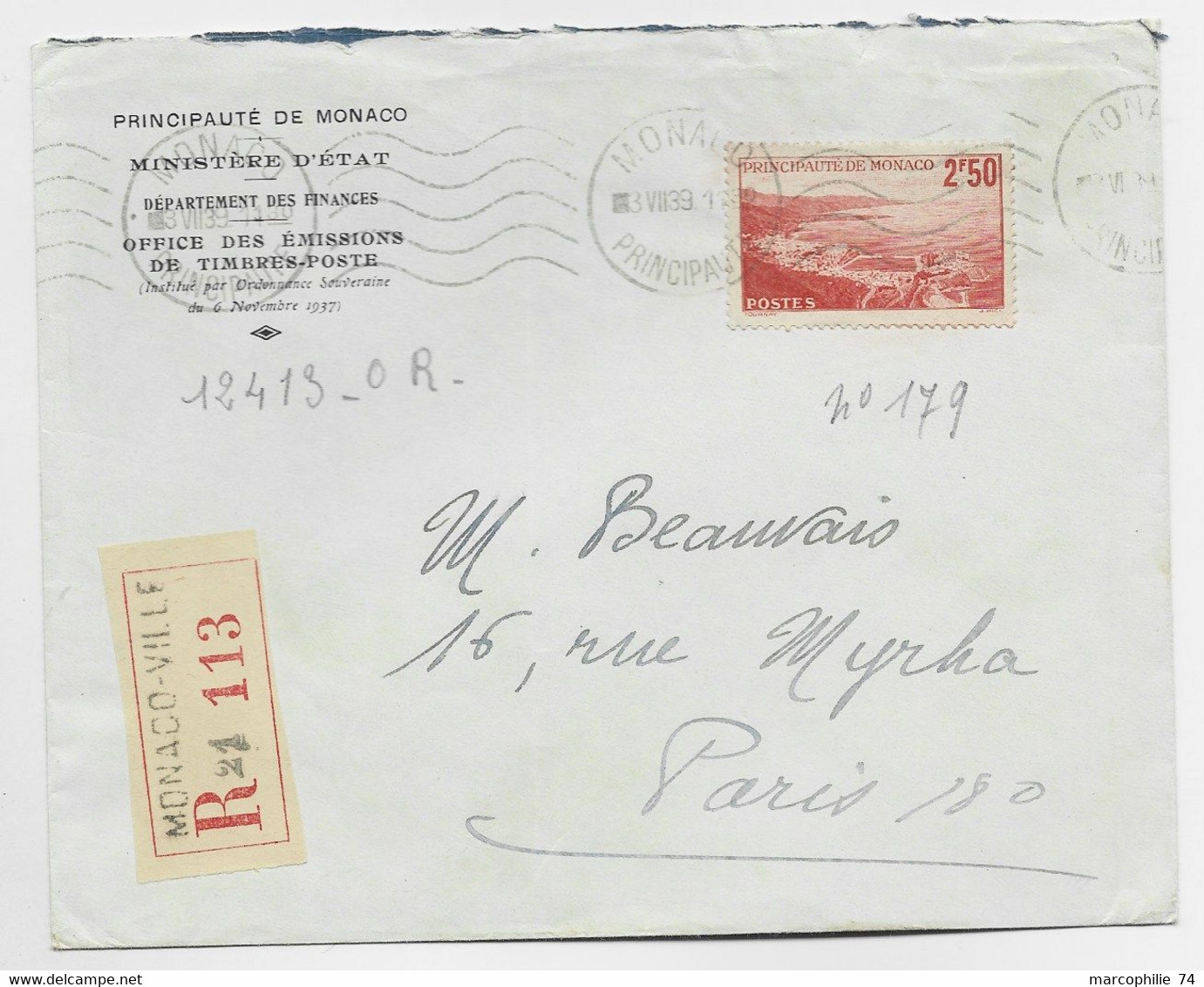 MONACO 2FR50 SEUL LETTRE REC COVER MECANIQUE KRAG MONACO 3.VIII.39  AU TARIF - Briefe U. Dokumente