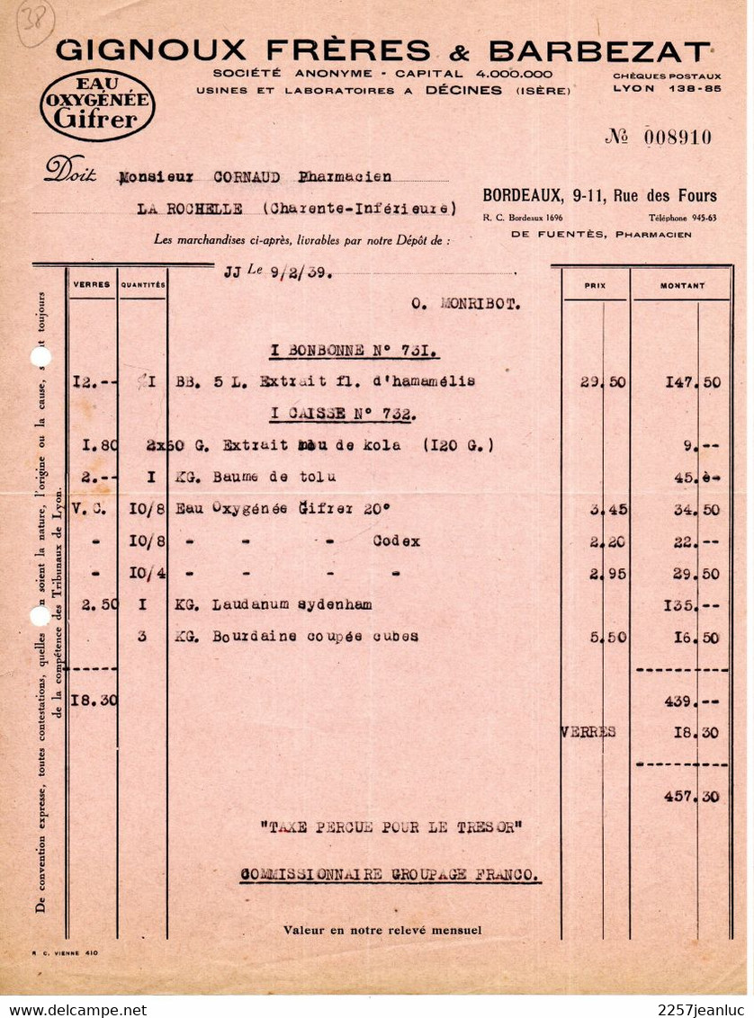 Eau Oxygénée Gifrer Gignoux Frères & Barbezat à Dècines Et Bordeaux Facture Du 9/2/1939 - Droguerie & Parfumerie