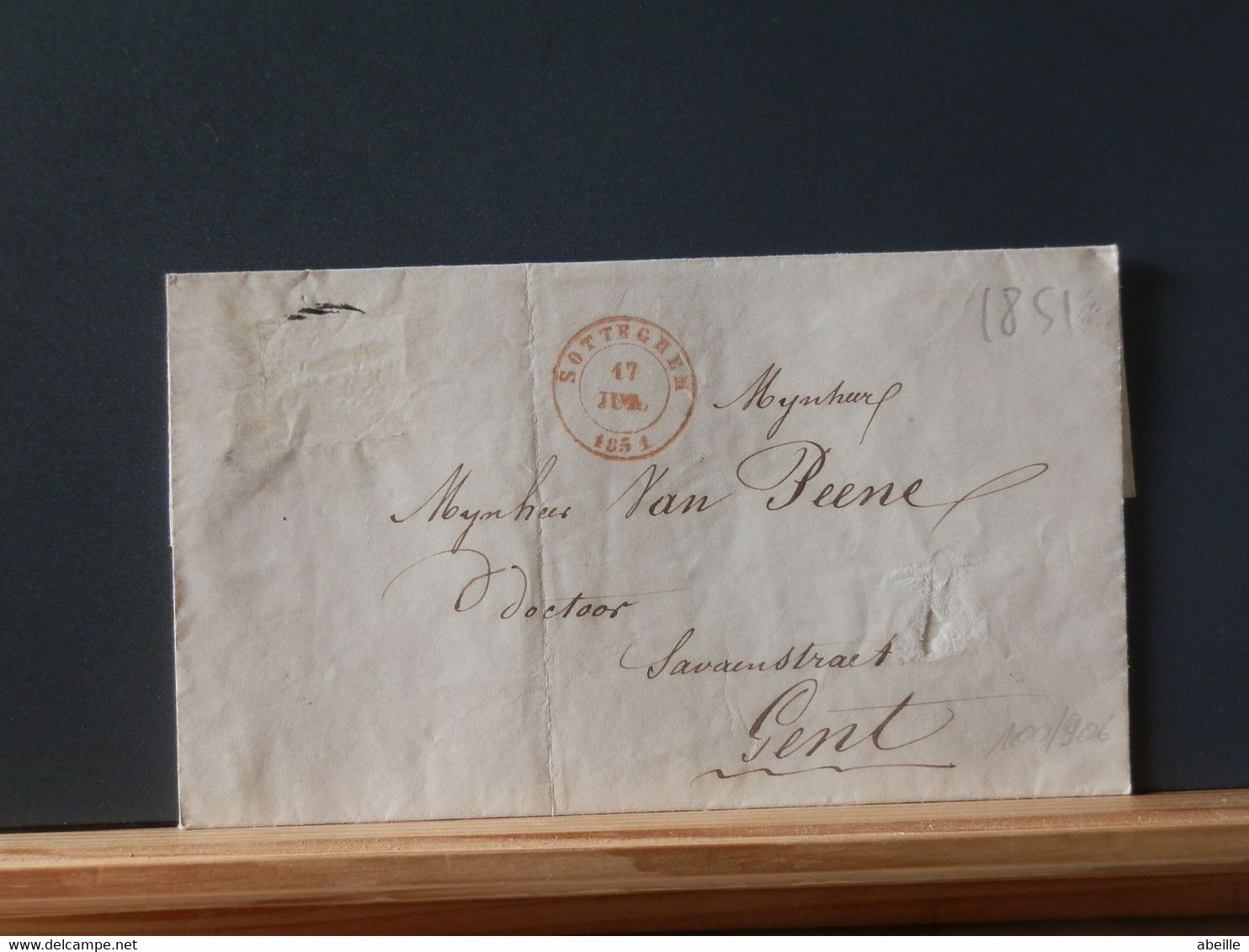 100/906  LETTRE  BELGE 1851 OBL. SOTTEGHEM POUR GENT TIMBRE MANQUANT - 1849-1865 Medallions (Other)