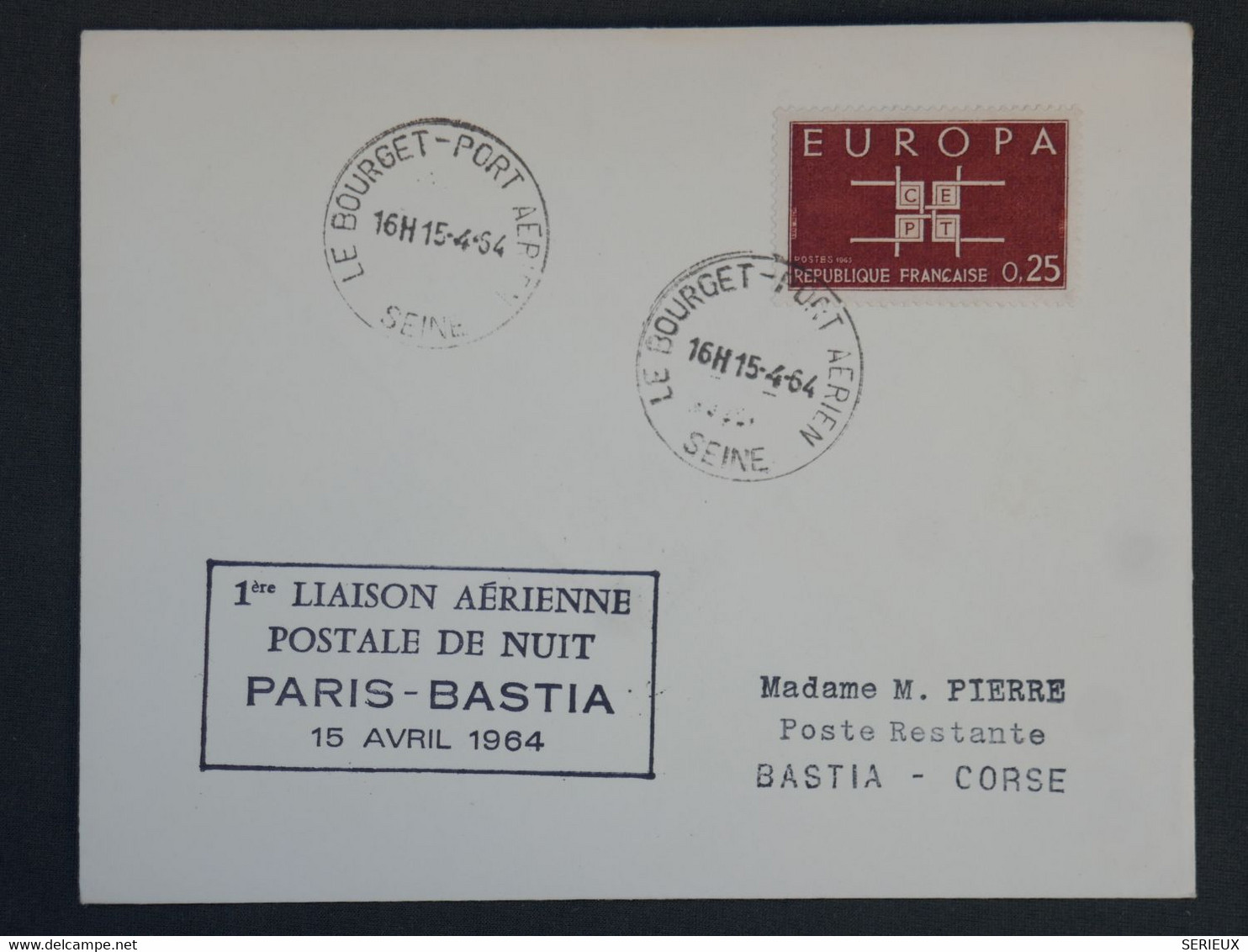 BI 3 FRANCE BELLE LETTRE RR 1964  1ER VOL PARIS  A  BASTIA CORSE + AFFRANCH. PLAISANT - 1960-.... Storia Postale