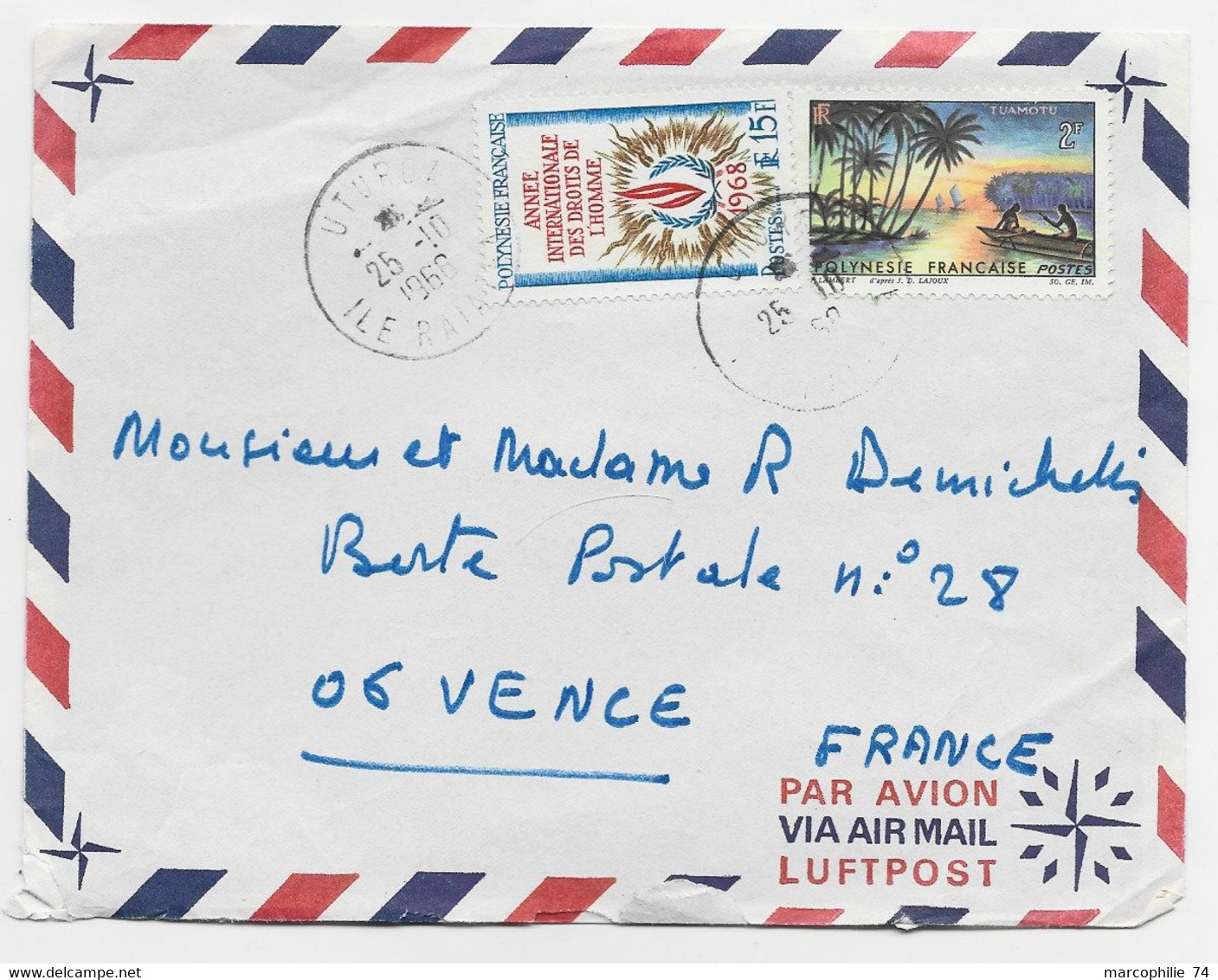 POLYNESIE FRANCAISE 15FR DROITS HOMME +2FR LETTRE AVION UTUREA - Briefe U. Dokumente